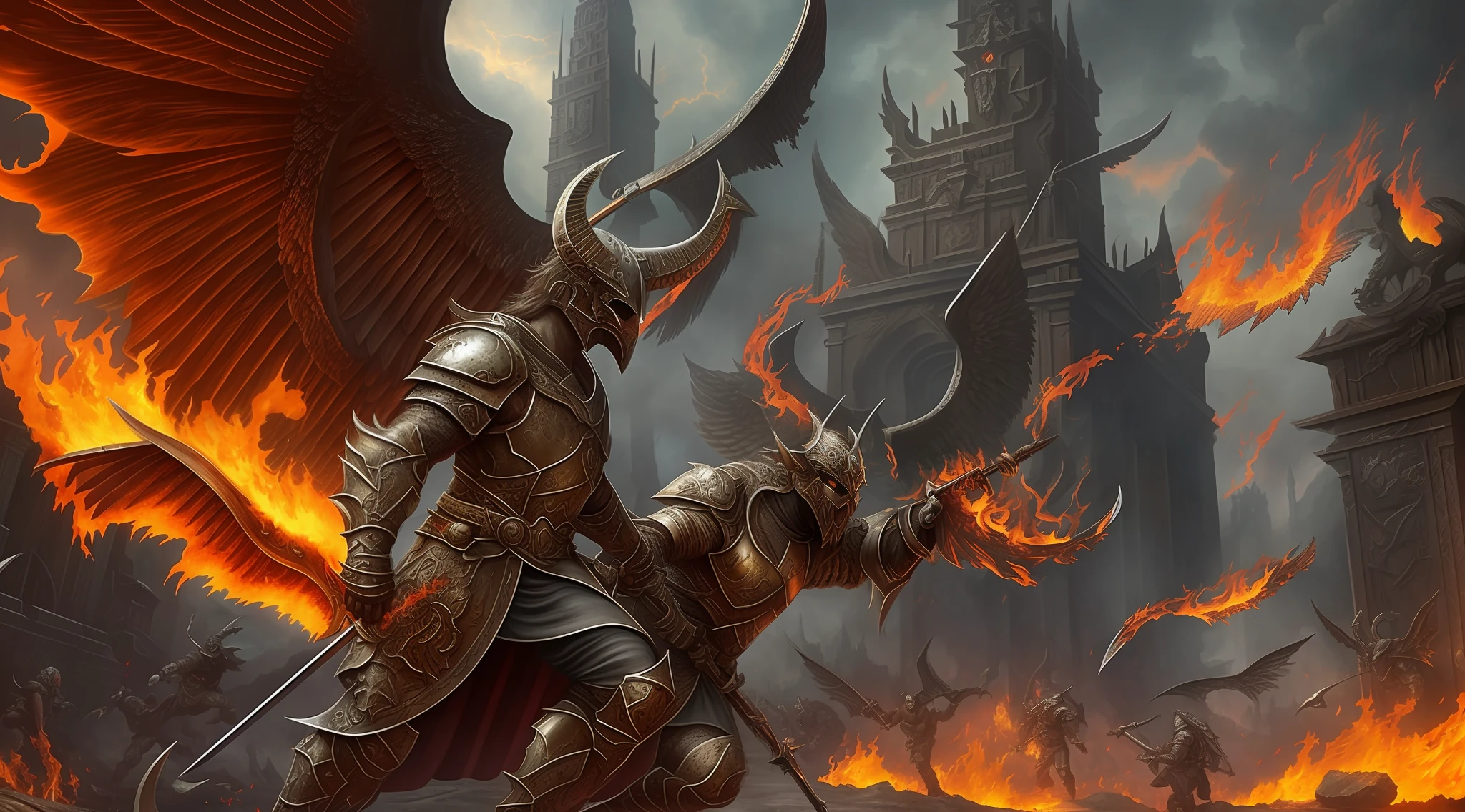 Fantastic realism Masterpiece, angels in hell fighting demons, around stone walls and dark smoke, fire, molten hot lava. angels with armor and feathered wings, against bat-winged horned demons. --auto --s2