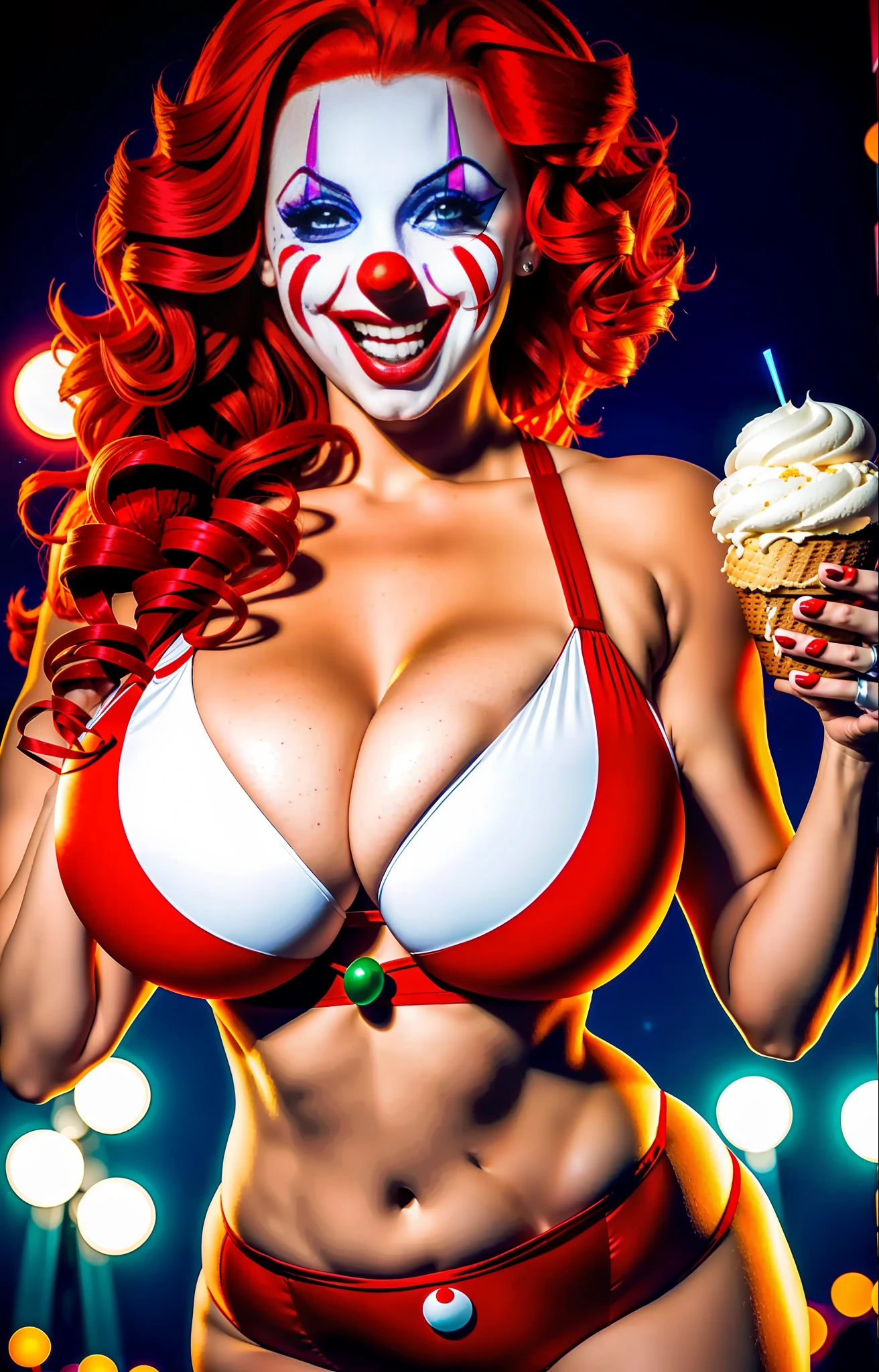 Clown woman, beautiful with big light red hair,(big boobs),beautiful curves,with sexy clown outfit,with cleavage,(perfect)8k,in the background a luminous circus at night and she is eating an ice cream,with a sexy smile