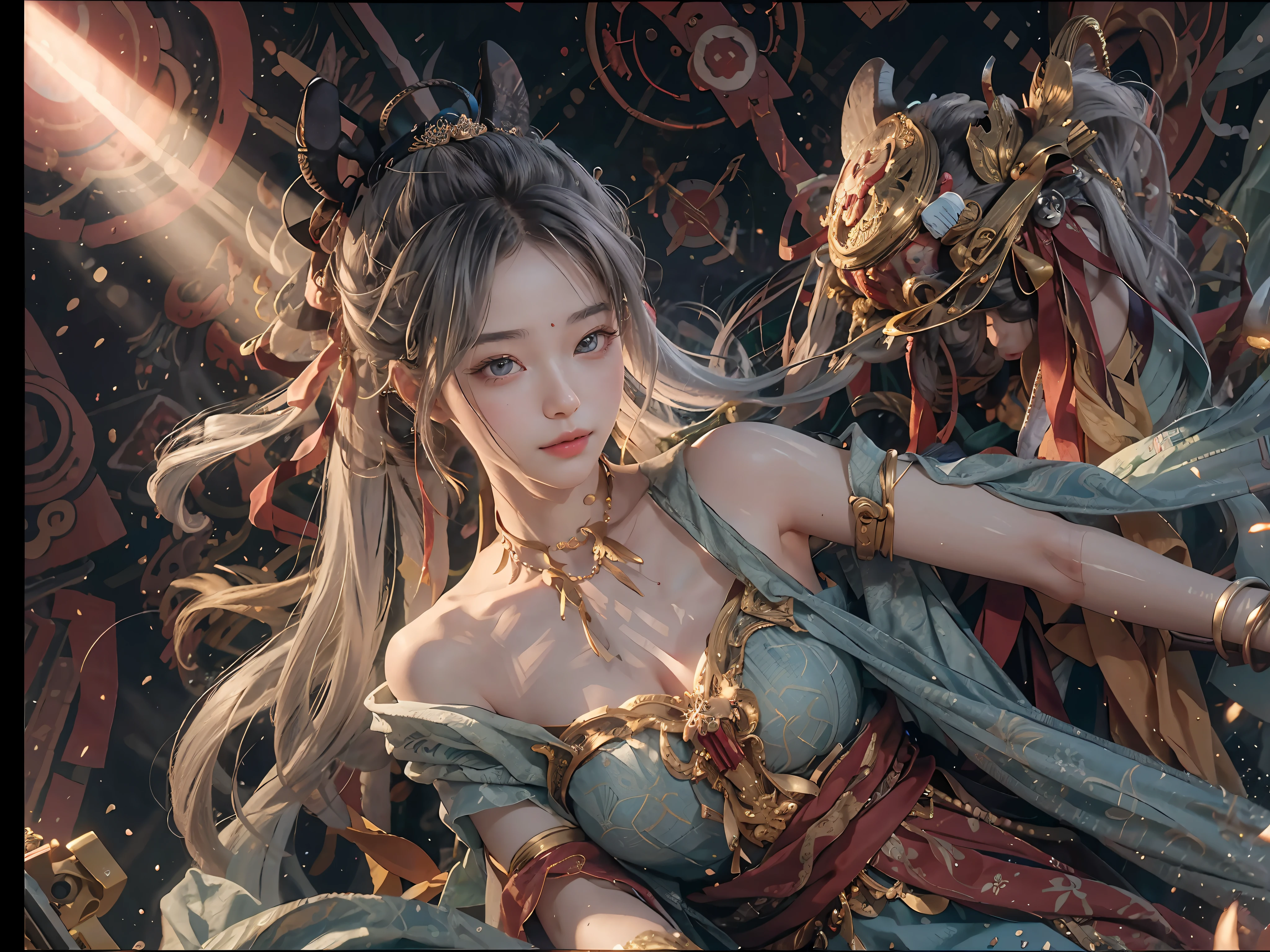 (RAW Photo, Best Quality), (Realistic, Photorealistic Real: 1.3), Best Quality, Highly Detailed, Masterpiece, Ultra Detailed, Illustration, 1 Girl, upper_body, Dynamic Angle, World Mastery Theater, messy_long_hair, Best Quality, Extremely Detailed CG Uniform 8k Wallpaper, Ink, Amazing, Sexy, Peach Blossom Eyes, Gray Hair, Smile, Movie Lights, lens_flare, dunhuang_style