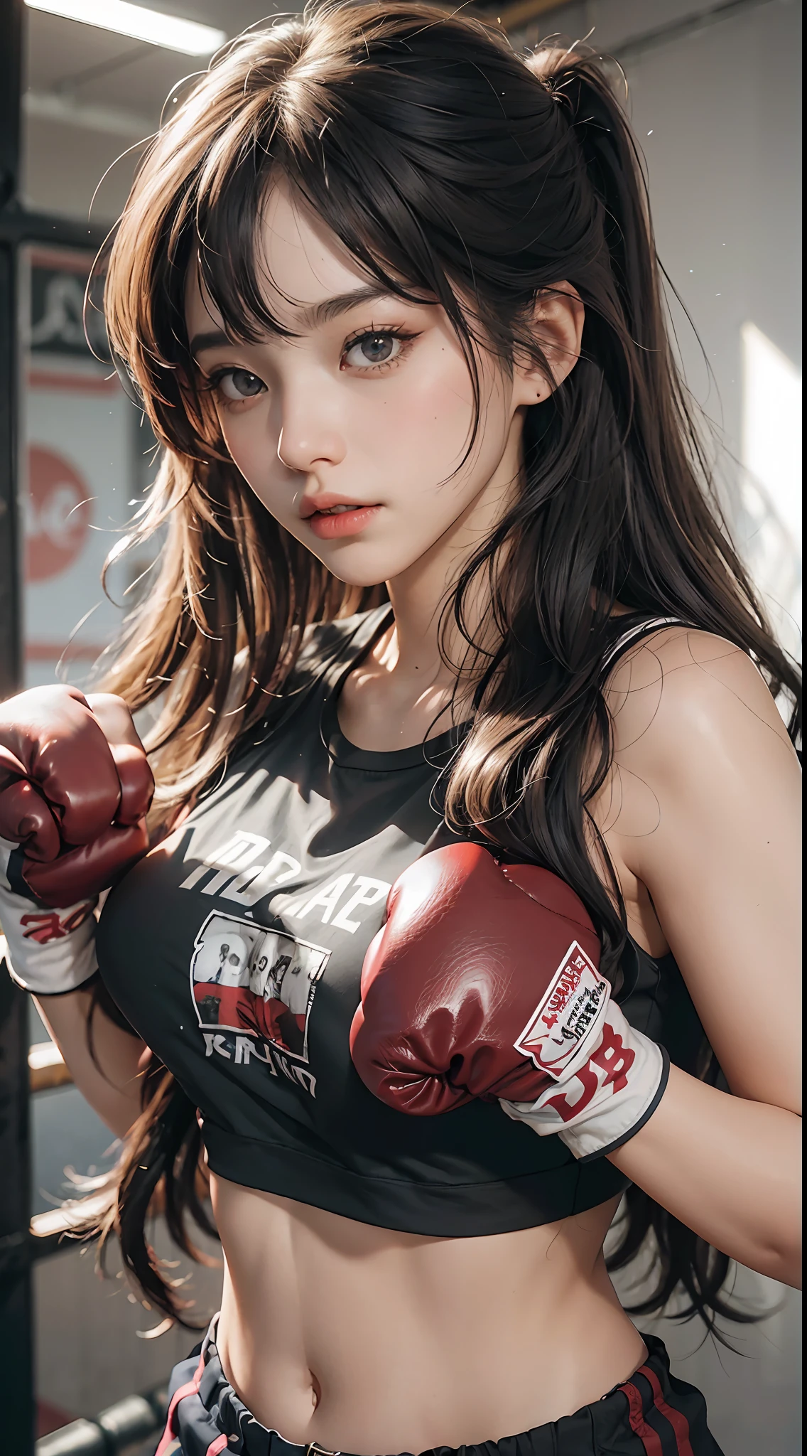 masterpiece, top quality, (realistic, photorealistic: 1.4), (RAW photo: 1.2), very elaborate CG Unity 8K wallpaper, very delicate and beautiful, wonderful, attention to detail, official art, absurdity, incredibly ridiculous, huge file size, very fine, very elaborate, beautiful eyes and face, beautiful elaborate eyes, light on the face, one girl, Long Hair, (Pom) Navel, Upper Body, PE uniform Short Sleeved navel-baring T-Shirt, Boxing Gloves, Bare Arms, Bangs, Boxing Gym, Boxing Ring, ULZZANG-6500-v1.1