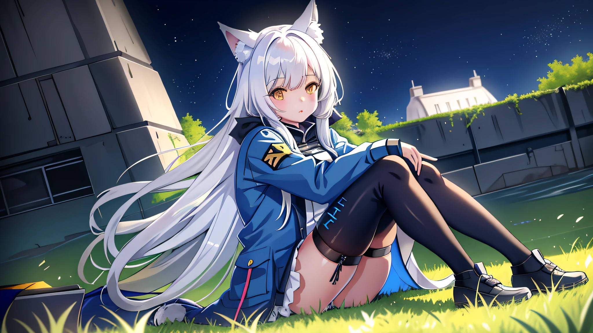 anime girl sitting on the ground with her legs crossed, white - haired fox, from girls frontline, white cat girl, girls frontline style, beautiful anime catgirl, very beautiful anime cat girl, cute anime catgirl, azur lane style, from arknights, anime catgirl, anime girl with cat ears, trending on artstation pixiv, girls frontline cg