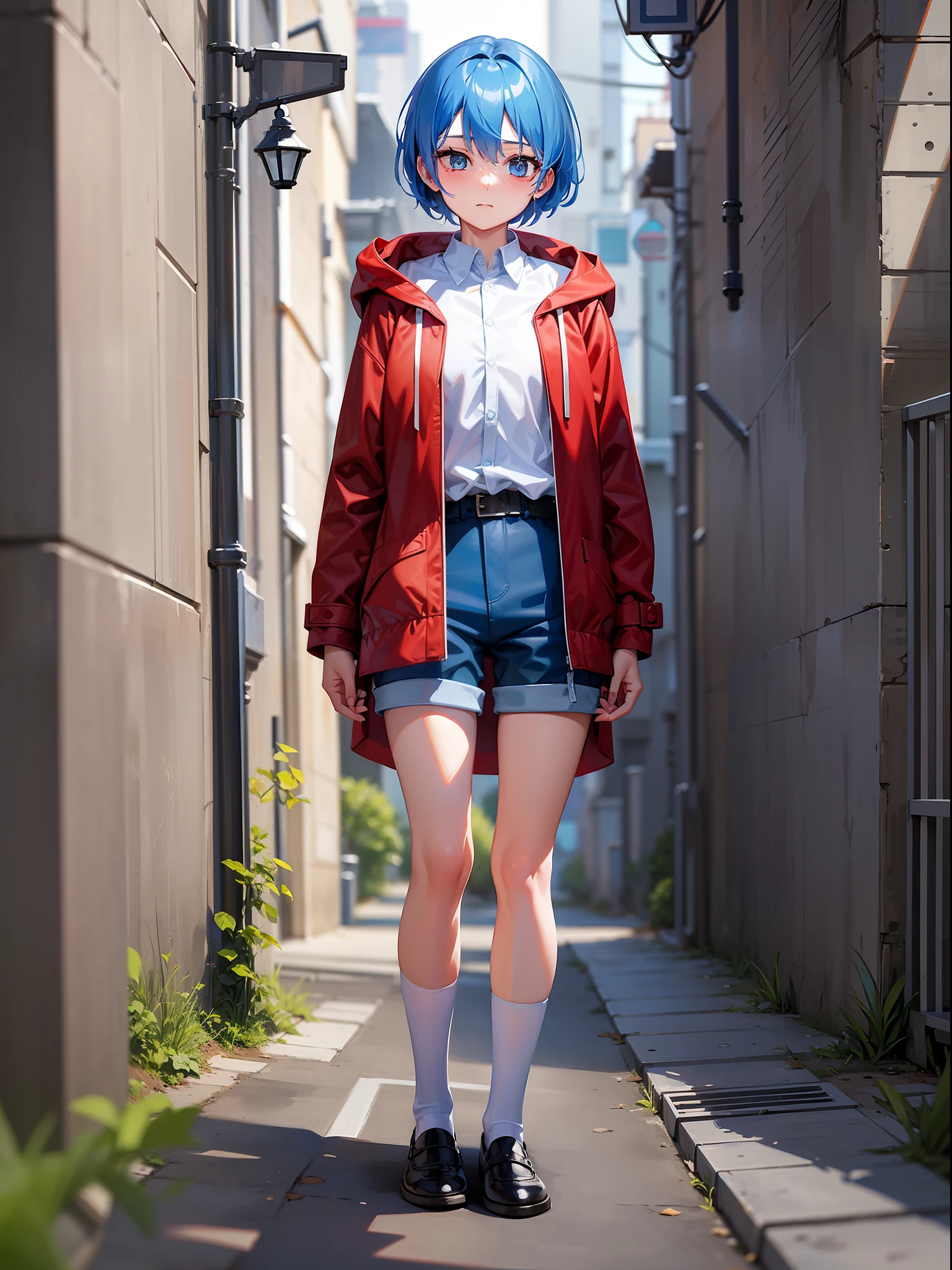 Blue hair short, light blue collar, white long sleeve shirt, red cloak, black shorts, white socks, brown shoes, girl, outdoor
