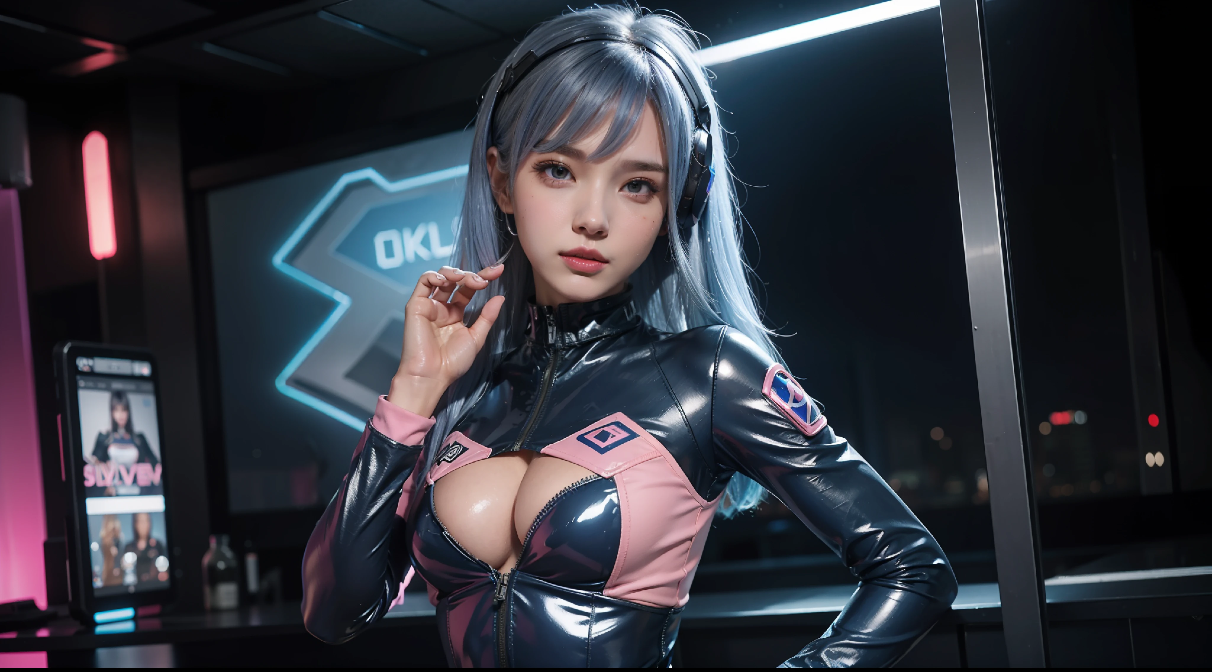 D.va, blue and pink bodysuits, mech pilot, silver hair, sexy, overwatch, standing alone in a nightclub, dynamic pose, (best quality, 8k, masterpiece: 1.3))), clear focus: 1.2, (layer cut, large: 1.2), beauty and perfect figure: 1.4, slim abs: 1.2, wet: 1.5, highly detailed face and skin texture, detailed eyes, double eyelids, long hair