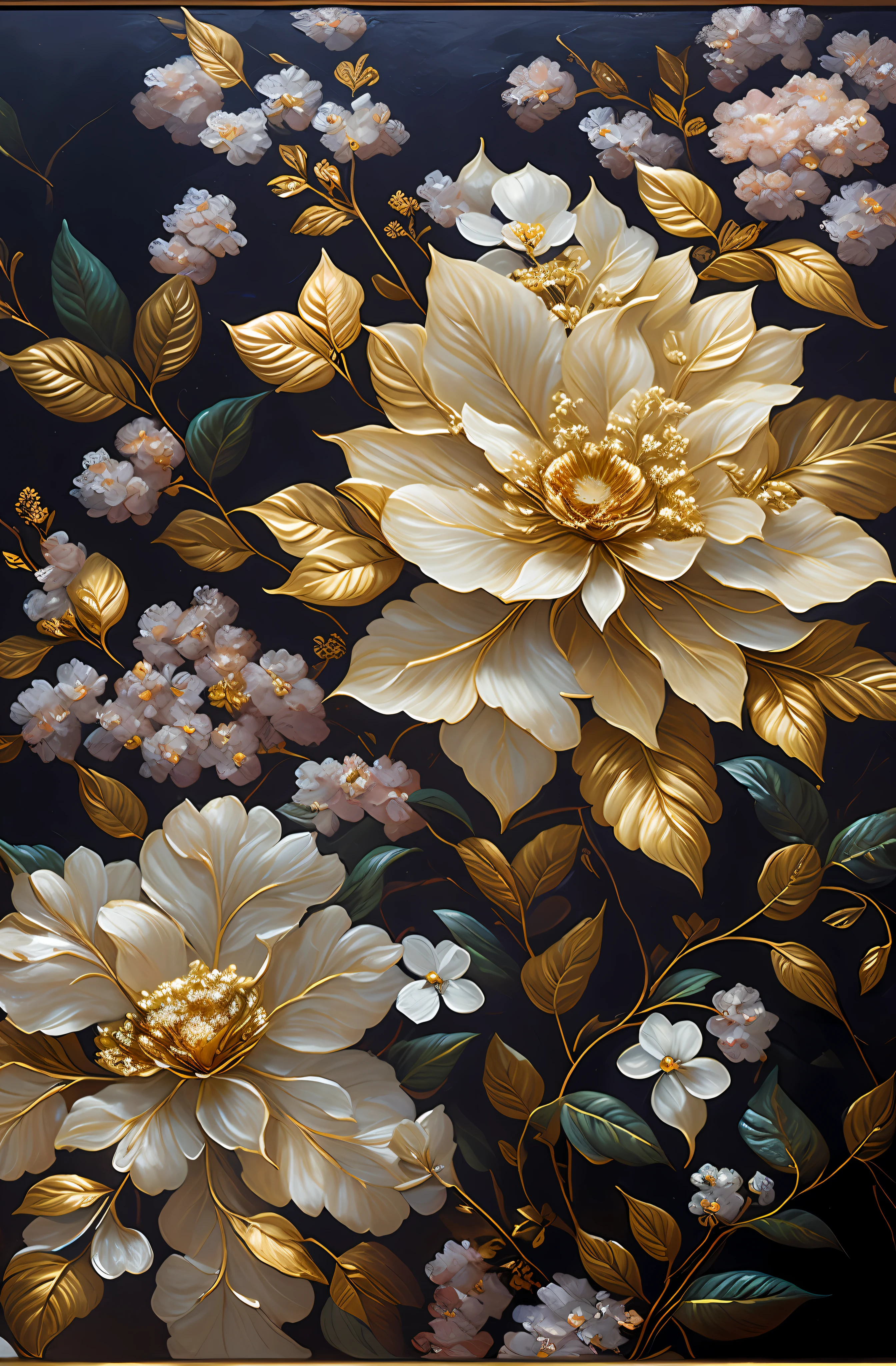 There is a painting of flowers with silver leaves, gold flowers, hydrangeas and morning glory, flowers and gold, gilded reliefs, detailed flowers, gorgeous flowers, golden flaky flowers, intricate flowers, chaotic gold leaf flowers, detailed 4K oil painting, stunning and rich details, gilded. Floral, floral. Baroque elements, intricate oil paintings