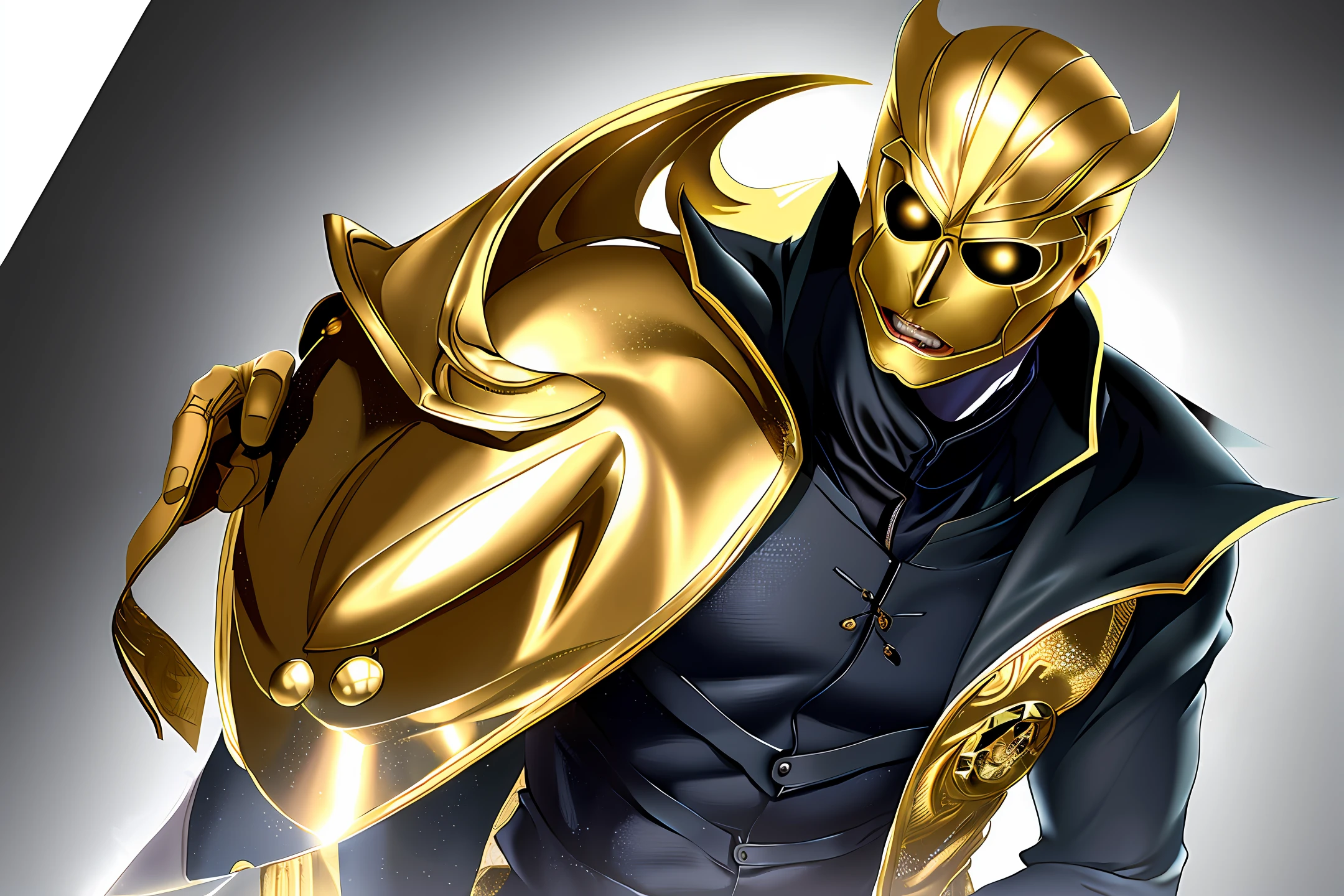 Man in the golden mask, wearing a black coat
