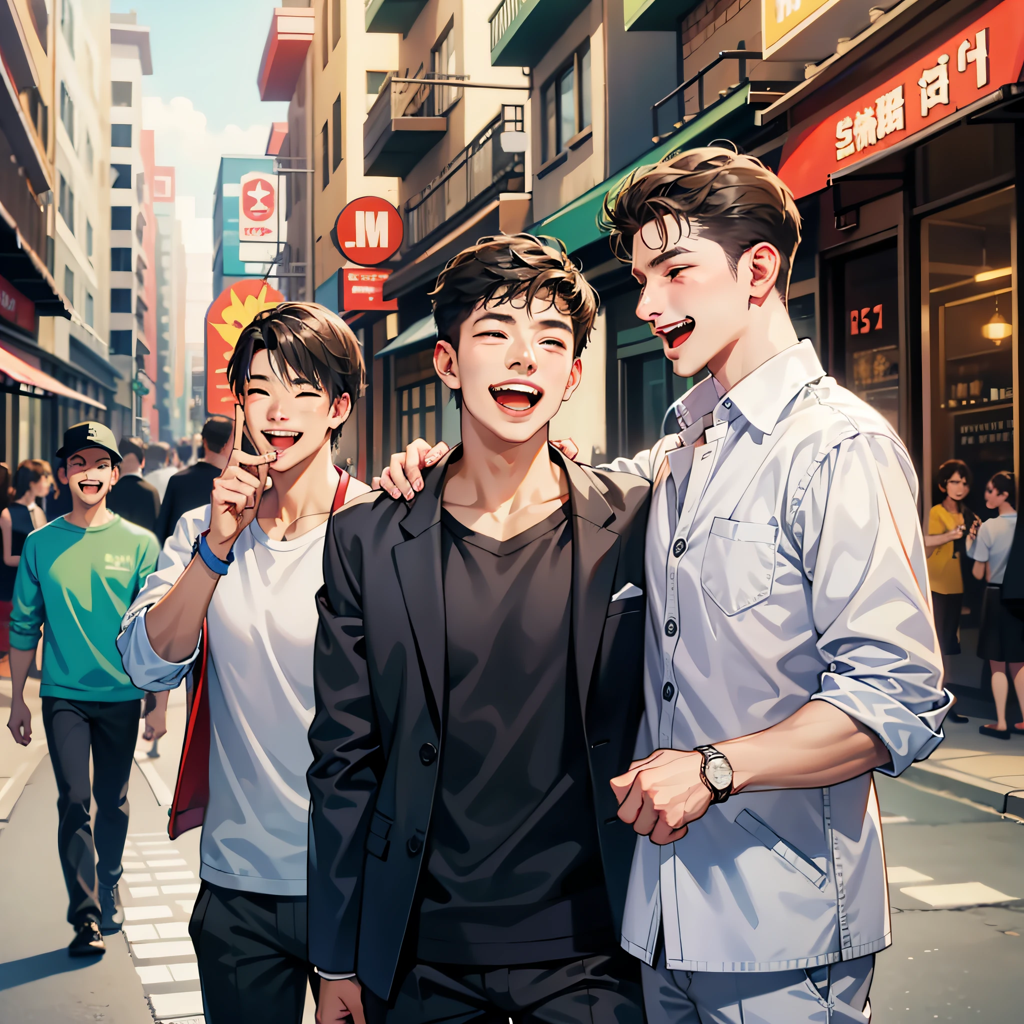 Several men, hilarious laughter, street background