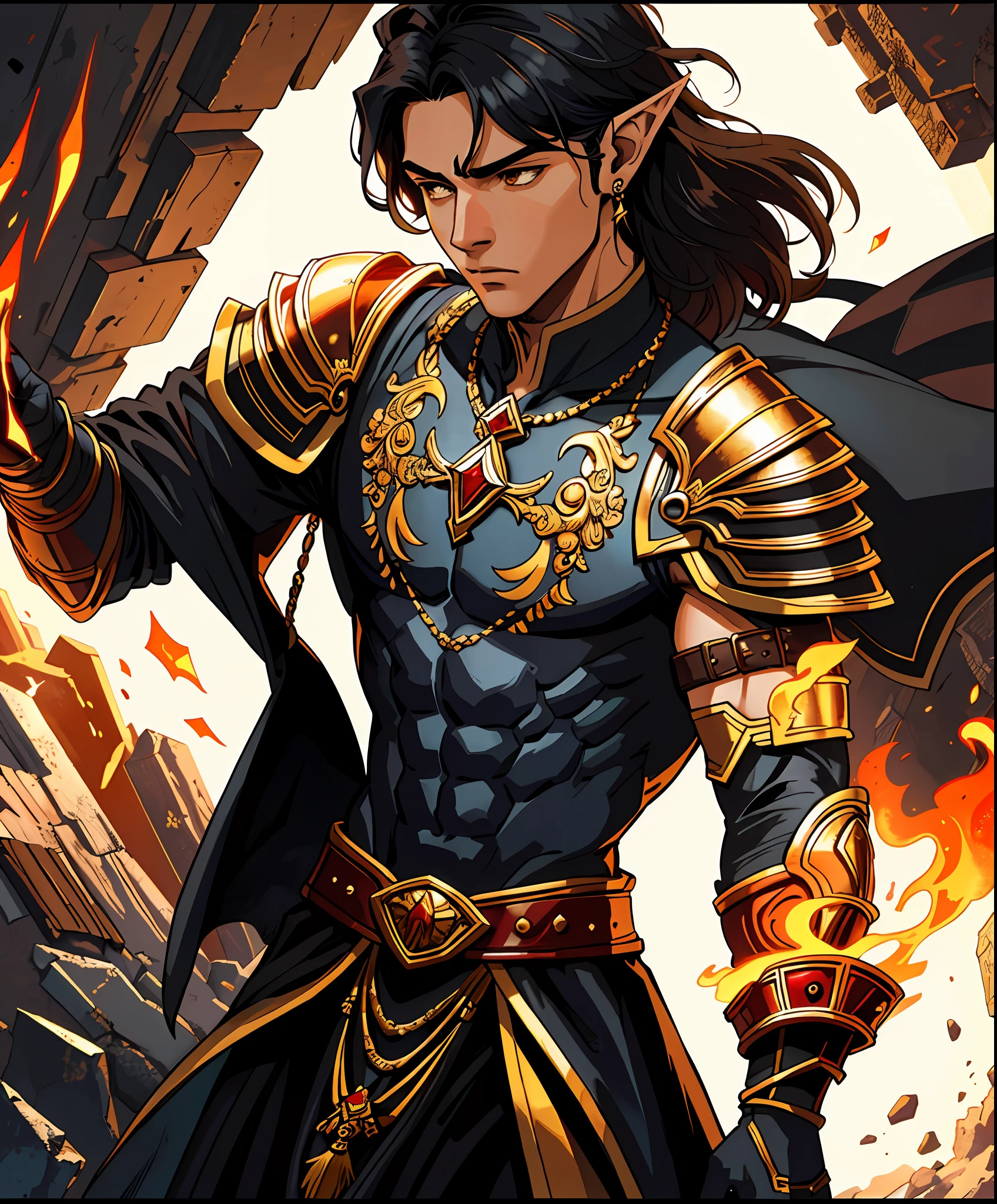 (original art with ink: 1.2), (lineart: 1.31), young male half-elf male portrait, gladiator tattoos, magus, wearing light armor, Wolfcut haircut, medium length hair, magic, hand rings, jewelry, dramatic, poster-art, complex background (hyperdefined), (medieval city fire), (fine lines), black hair, light skin, black, red, yellow, white, aesthetic fantasy, complex lighting, (fine details: 1.3), RAW format, (limited palette), clean, intricate, combat