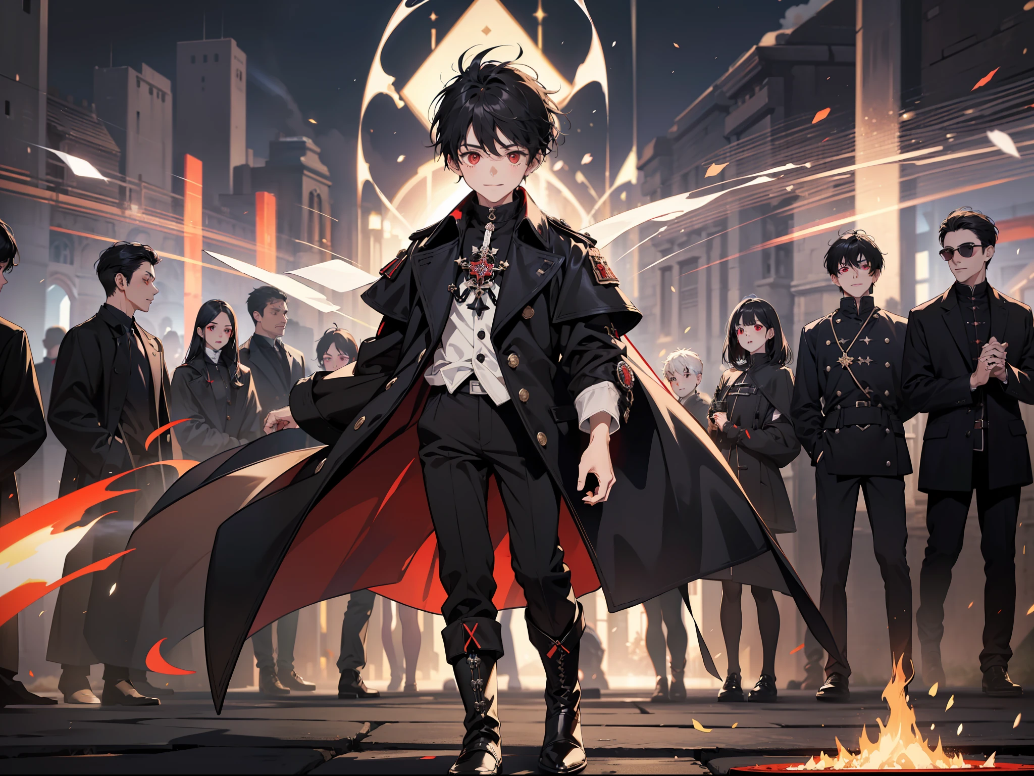 (Ridiculous, High Resolution), (Panorama), , Red Eyes, Short Hair, Black Hair, Smile, White Underwear, Black Trench Coat, Black Pants, Black Boots, (Hands White Magic Streamer), Ancient Magic, Elegance, Middle Ages Style, Square, Magic Bloom, Aura Behind, Daytime, Antique, Crowd Surrounded