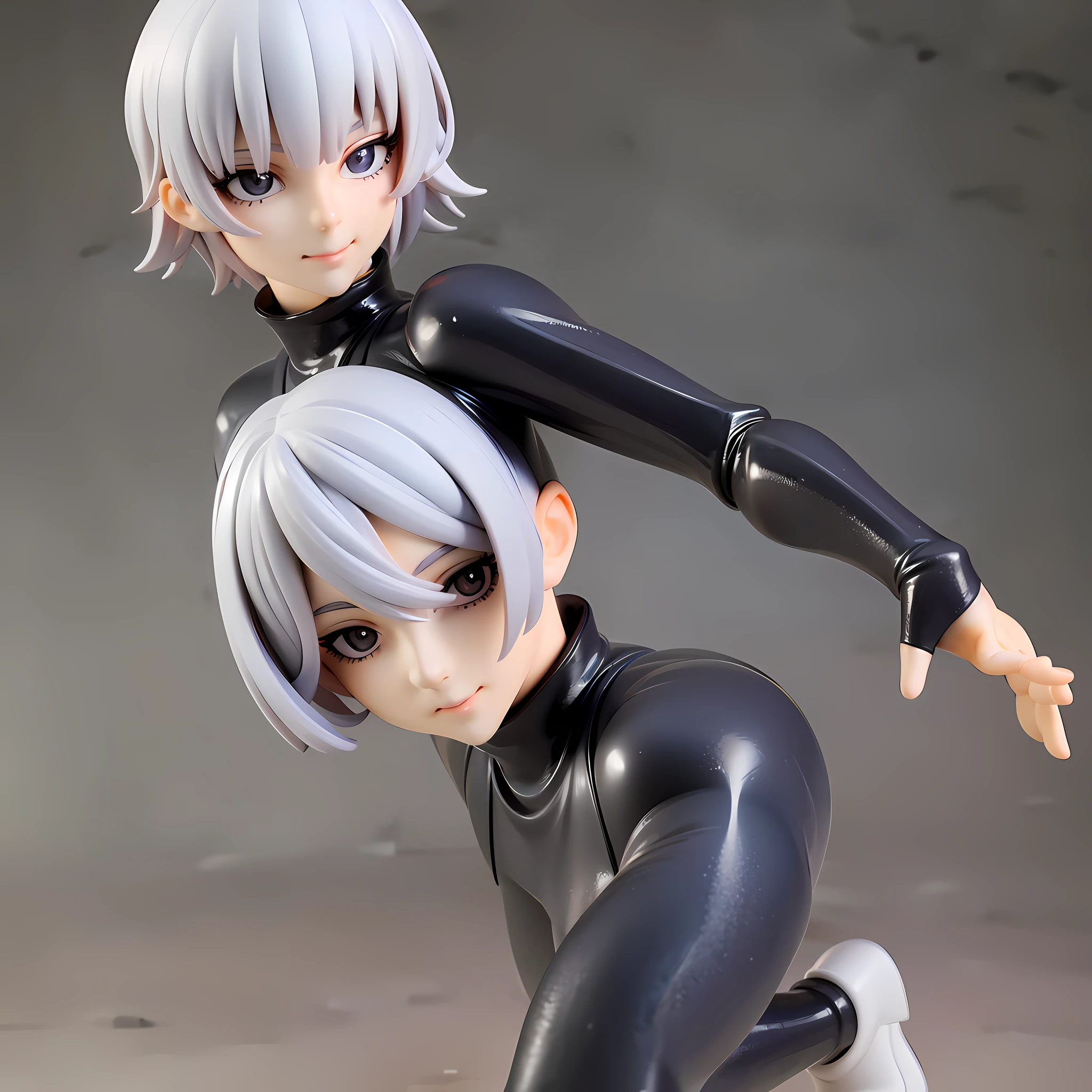 white hair, short cut,1girl,short pants, sneakers, beautiful eye, full body, dancing, looking away, black suit,[realistic], [3d], smile, closed mouth,(8k, RAW photo, best quality, masterpiece:1.2), ultra high res, photo realistic, professional lighting, detailed lighting, professional photography, high quality, high res, extremely detailed, bloom, depth of field, sketch, sharp focus, soft lighting, detailed, detailed skin, to8contrast style
