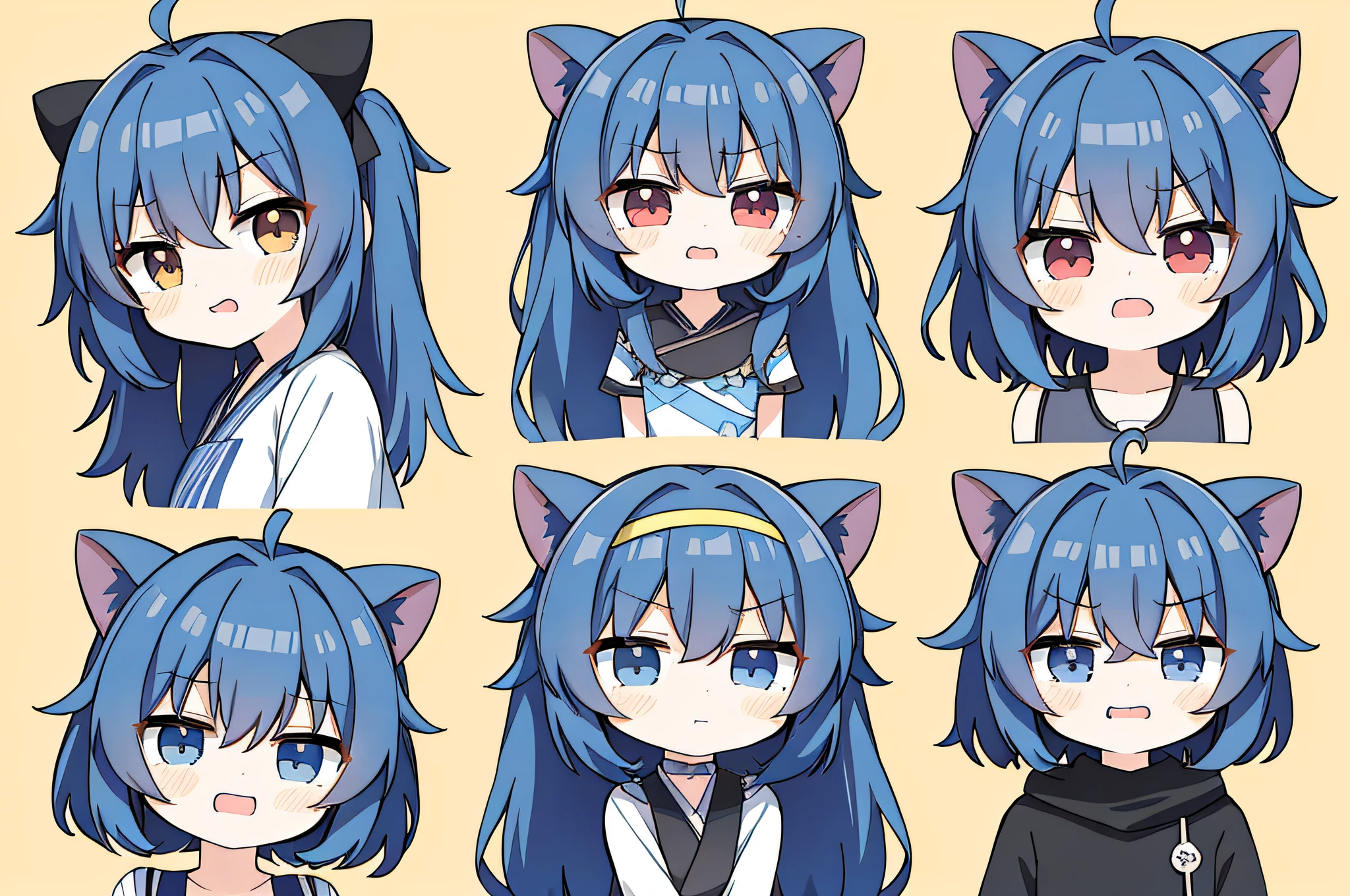Chibi, different emotions, 6 different poses (1 girl with an angry face, 2 girls with a cute smile, 3 with an offended face, the other 3 at your discretion)