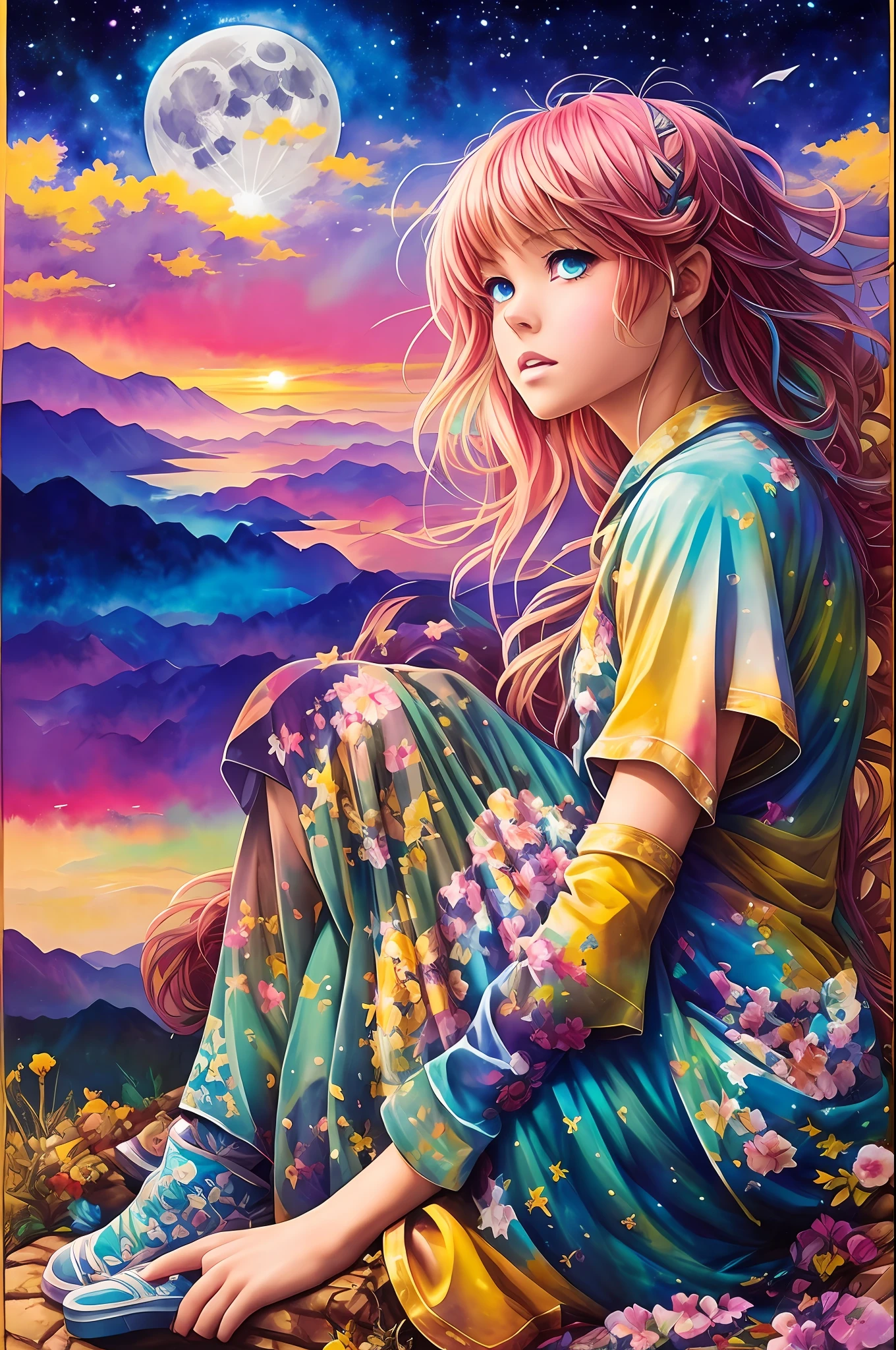 Beautiful anime watercolorpainting of summerpunk girl. Sitting on a top of a mountain playing Guitar, full moon sky, dark night Background, paint dripping by tim okamura, victor nizovtsev, greg rutkowski, noah bradley. trending on artstation, 8k, masterpiece, graffiti paint, fine detail, full of color, intricate detail, golden ratio illustration, --auto --s2