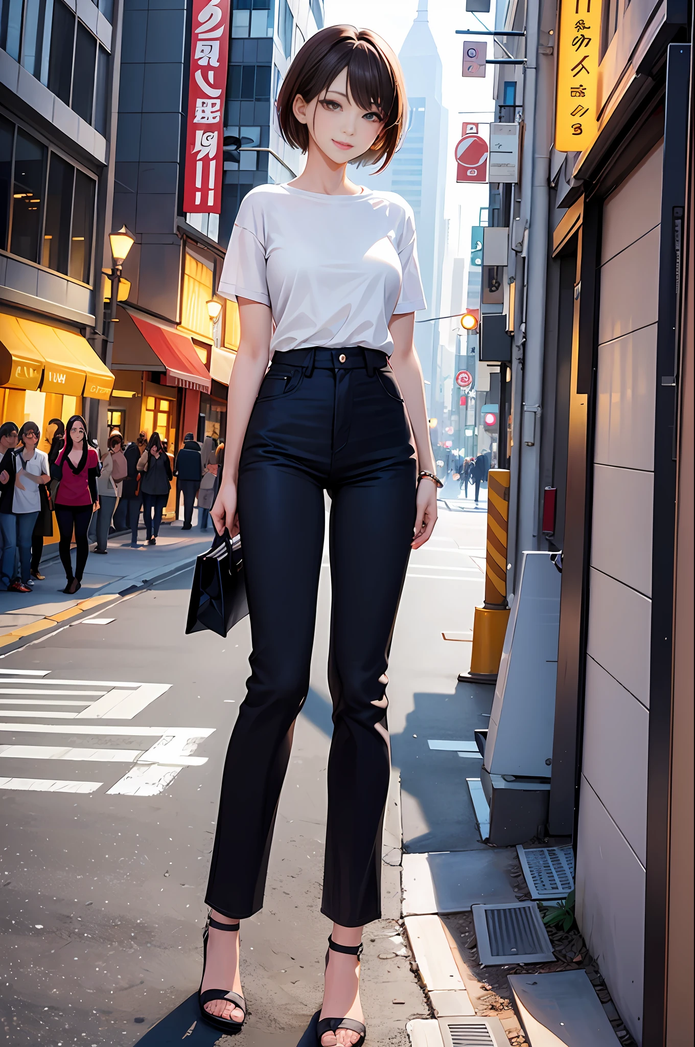 (Masterpiece, Best Quality, Best Quality, Official Art, Beautiful and Aesthetic:1.2), City, Street Light, Full Body, Colorful, Slender, One Girl, Long Pants, White T-Shirt, Big Smile, Gentle Pose,, Short Cut, Brown Hair, Brown Shopping, Colored Eyes, Small Breasts, Illustration, Super Detailed Face, Top Quality Face, Complex Detailed Costume