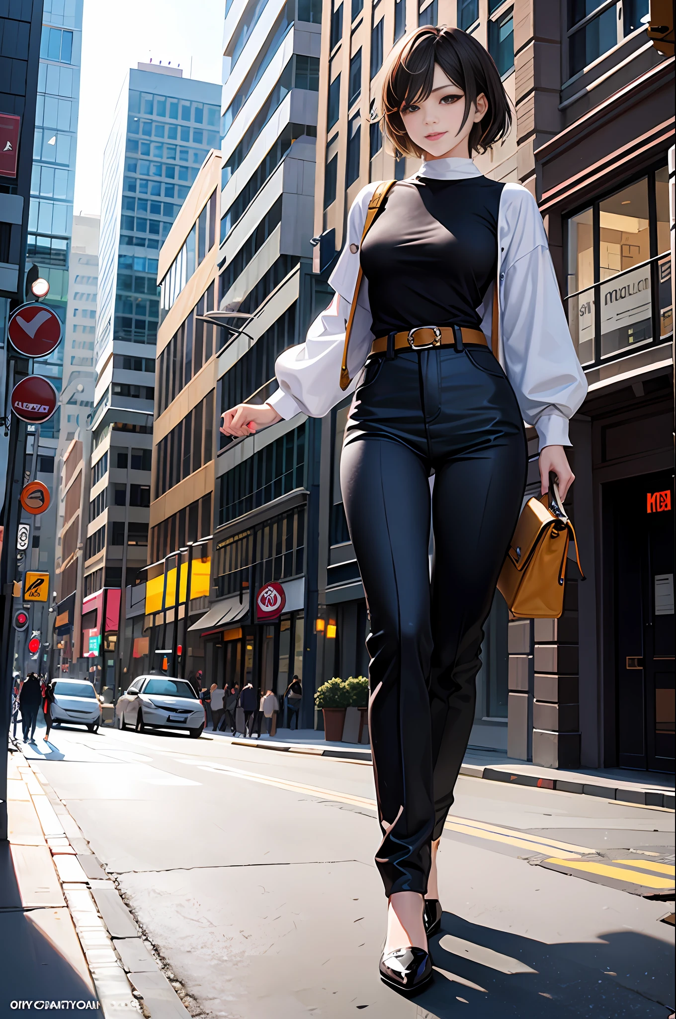 (Masterpiece, Top Quality, Best Quality, Official Art, Beautiful and Aesthetic:1.2), City, Street Light, Full Body, Colorful, Slender, One Girl, Long Pants, White T-Shirt, Big Smile, Gentle Pose,, Short Cut, Brown Hair, Brown Eyes, Dynamic Lighting, High Resolution, Sharp Focus, Small Breasts, Illustration, Super Detailed Face, Top Quality Face, Complex Detailed Costume