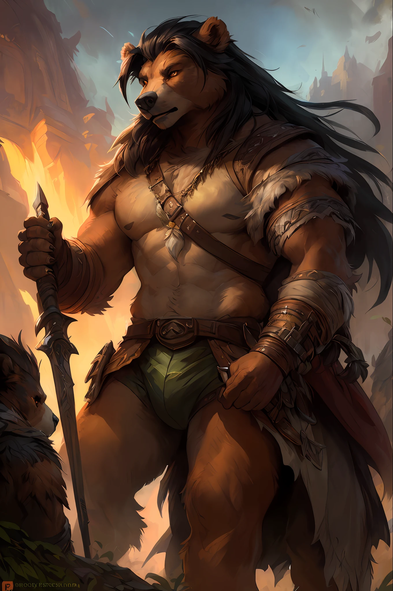 kenket, ross tran, ruan jia, bonifasko, a mighty male bear made out of (wandering barbarian), heterosexual, orange eyes, big black mane of hairs, fantasy portrait, finely detailed brown medieval underwear, intricate design, double blades, silk, cinematic lighting, 4k,