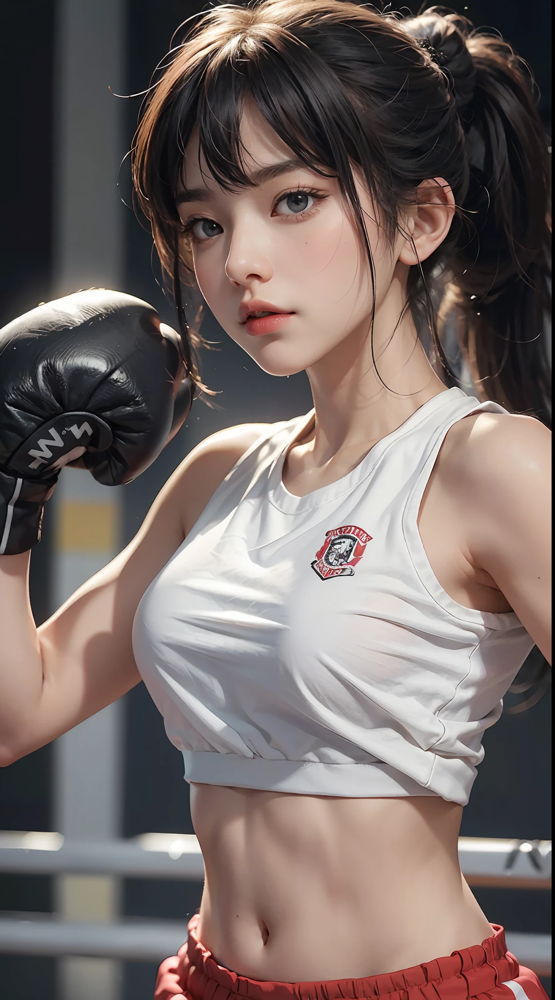 Masterpiece, top quality, (realistic, realistic: 1.4), (RAW photo: 1.2), very delicate CG Unity 8K wallpaper, very delicate beautiful, wonderful, boxing pose, attention to detail, official art, ridiculous, incredibly ridiculous, huge file size, very fine, very delicate, beautiful eyes and face, beautiful delicate eyes, light on face, a girl, ponytail, (pompom) navel, upper body, PE uniform short sleeve crop top button t-shirt, boxing gloves, bare arms, Bangs, Boxing Gym, Boxing Ring, ULZZANG-6500-v1.1