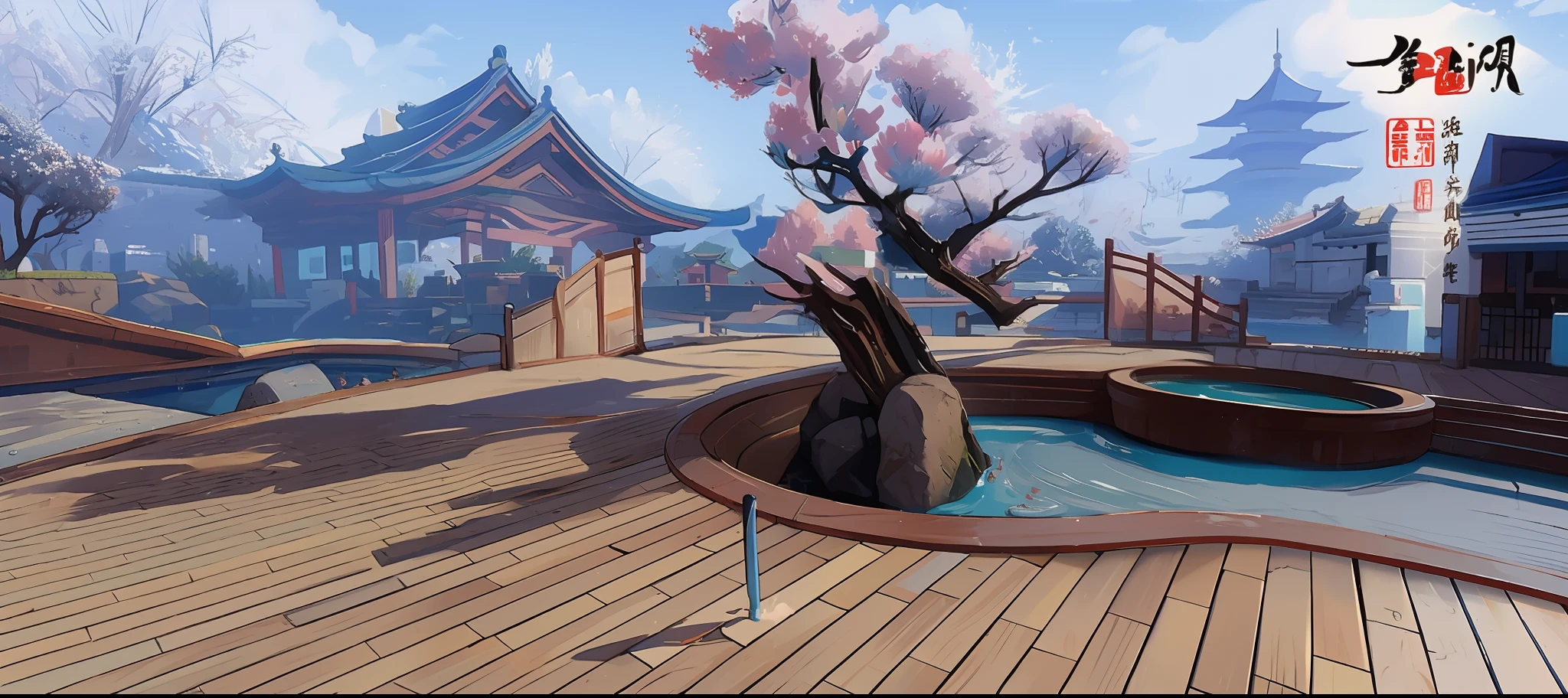No Man, No Man, Chinese Style, A Pool, No Text, Blue Sky, Jade Pool, Bath Pool, 2D Style,