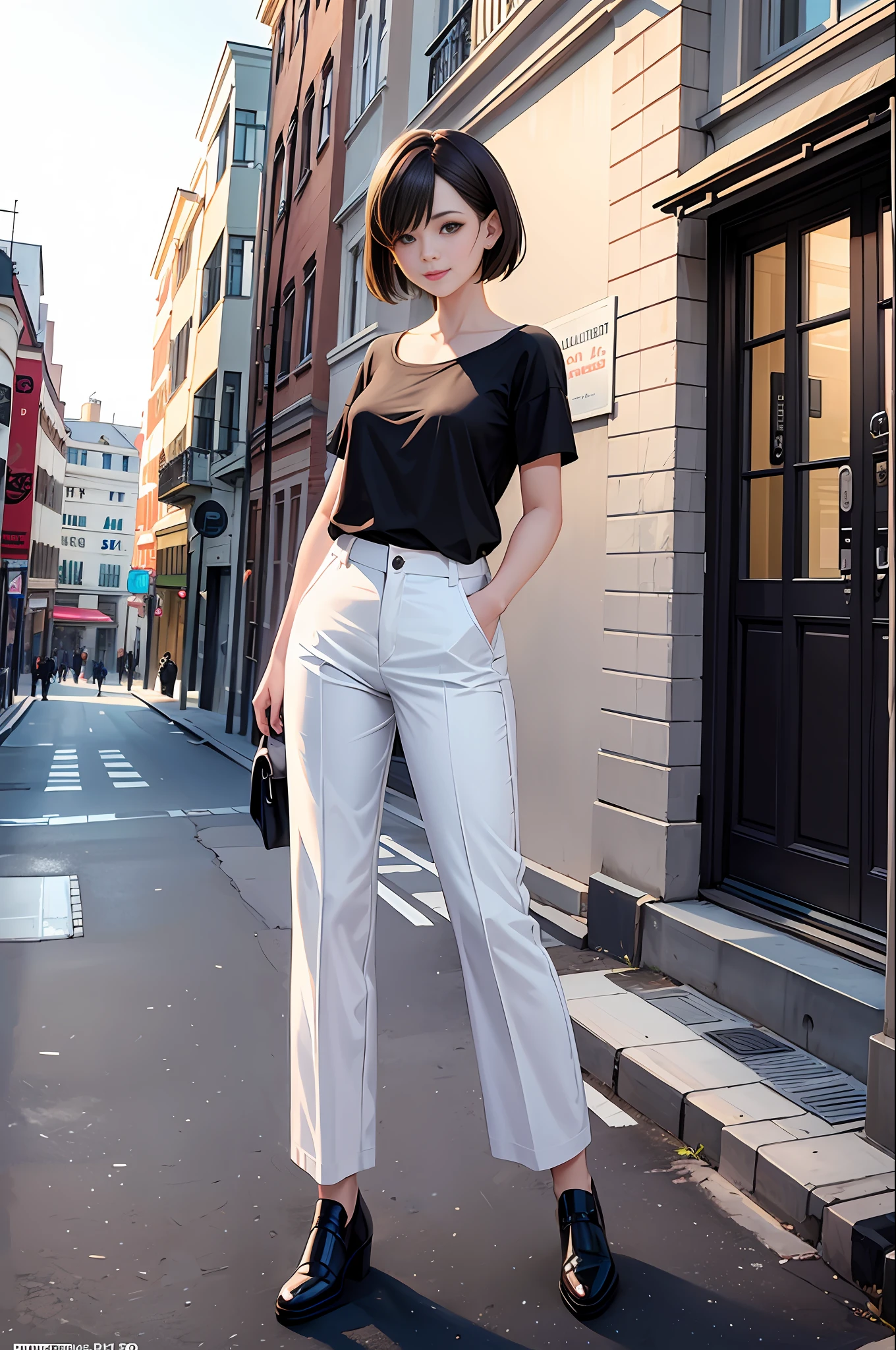 (Masterpiece, Top Quality, Best Quality, Official Art, Beautiful and Aesthetic:1.2), City, Street Light, Full Body, Colorful, Slender, One Girl, Long Pants, White T-Shirt, Big Smile, Gentle Pose,, Short Cut, Brown Hair, Brown Eyes, Dynamic Lighting, High Resolution, Sharp Focus, Small Breasts, Illustration, Super Detailed Face, Top Quality Face, Complex Detailed Costume