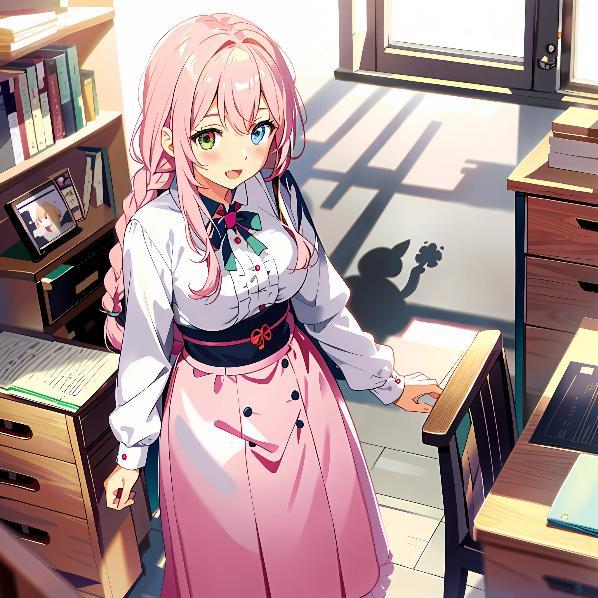 Anime illustrations in the style of "Kyoto Animation", highest quality, (cute: 1.1), (cute), (high resolution: 1.2), incredibly ridiculous: 1.3, incredibly fine illustrations, break 1 beautiful girl, Solo, (heterochromia, light blue eyes and light green eyes), silhouette of star eyes, solo, standing figure, happy, :d, princess eyes, big breasts, break, braid, light pink hair, semi-long hair, red ribbon at the end of braid, carrying a rucksack, small black cat towards you, break, angle from the front, National Route 310 in Japan, walking on the sidewalk, June 17 o'clock, there are many cars