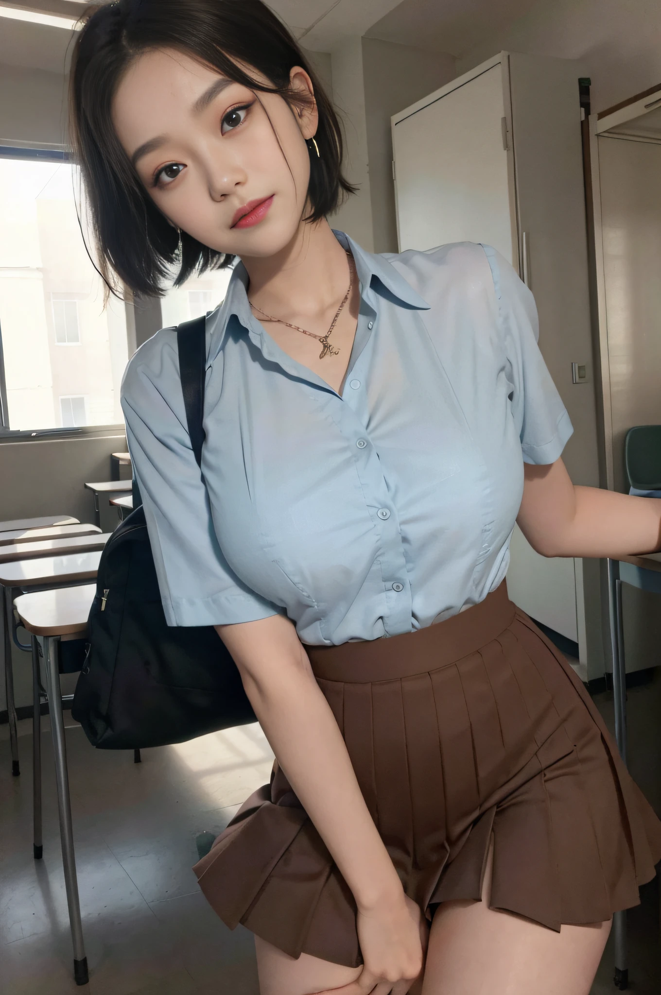 School uniform, shirt, ribbon tie, skirt, school, corridor in front of classroom, 8K RAW photo, high resolution, 19-year-old Korean, very big round breasts, beautiful eyes in detail, long eyelashes, beautiful double eyelids, eyeshadow, eyeliner, slit eyes, elongated eye shape, Sanpaku eyes, dark eye makeup, evil smile, beautiful thin legs, random short hair, hair tied behind the head, earrings, necklace, light brown hair,