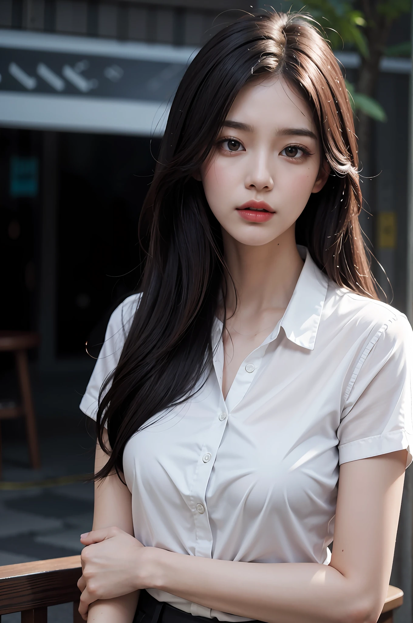 Close-up of a woman in a white-collar shirt, chest:1.2, messy hair, big hair, closed mouth, mouth hold, long eyelashes, black hair color, Guvez style artwork, Guwiz, CGstation trend, original photo, super high resolution, big brown eyes, long legs, thin legs, narrow waist, tall woman, slim figure, dynamic lighting, depiction very detailed, depth of field, rain in the background, Seoul, South Korea,ray tracing,4K