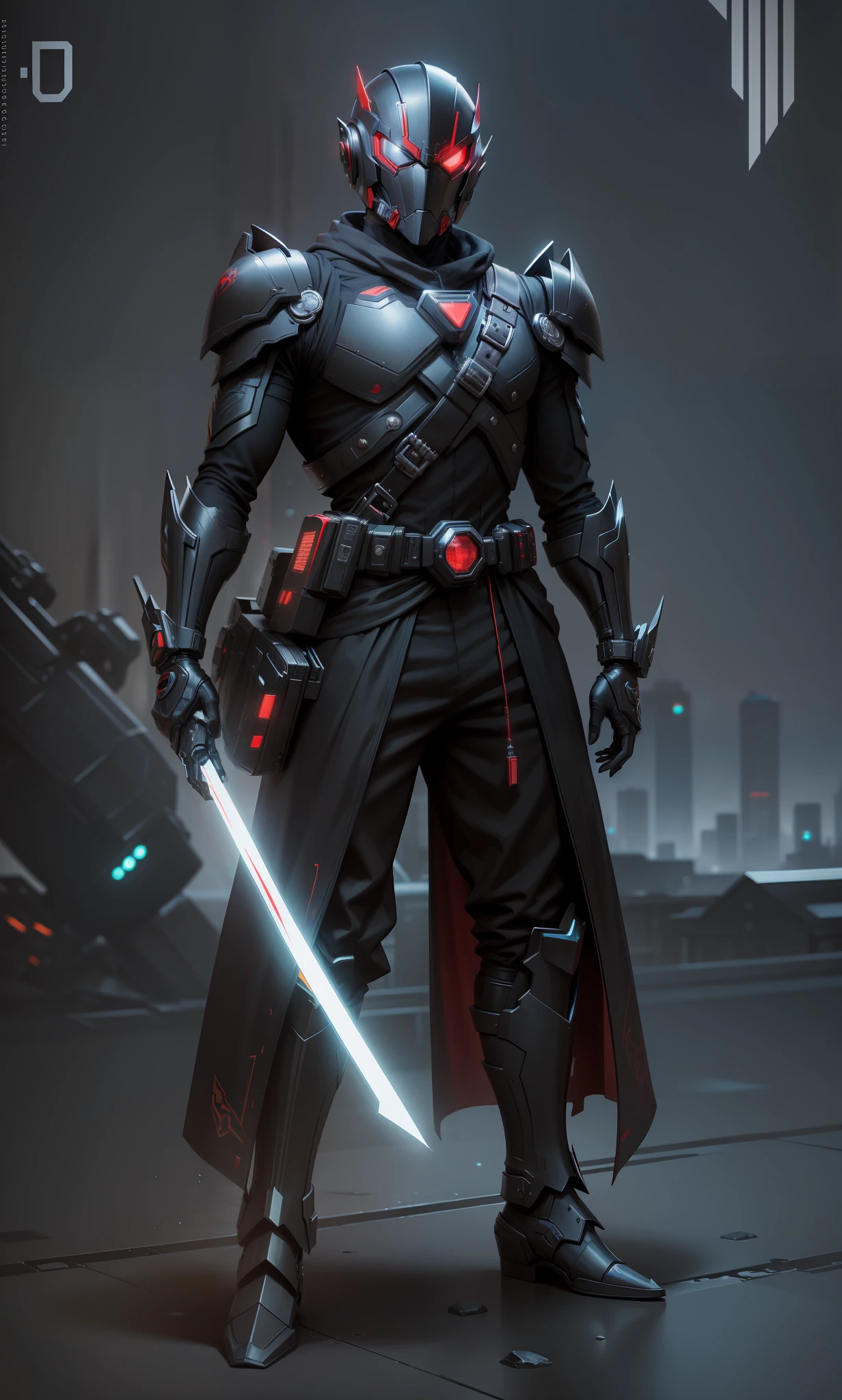 Close-up of a man in black costume and red cape, Kamen Rider character, crow-shaped mechanical armor, high fantasy Kamen Rider, Kamen Rider, Kamen Rider action pose, full body X-Force costume, new costume concept design, cyberpunk style city background, clear costume design, trigger anime art style, black armored uniform, red line anime movie style, surrealism, high detail, modern, modern, cinematic lighting, close up, 8K, hyperdetail, UHD, anatomically correct, High quality, high resolution