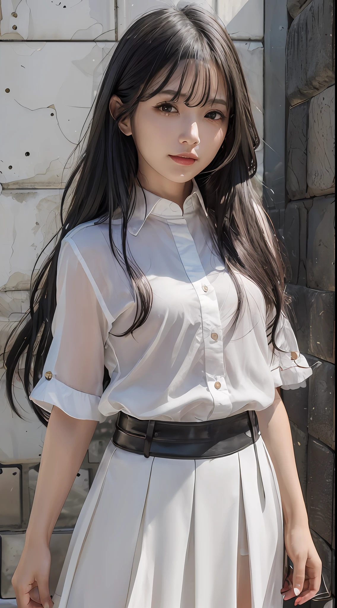 Girl, Solo, Shiny Skin, Very Detailed, Ultra Detailed, Ultra High Definition, (Photorealistic: 1.4), (Best Quality), (Best Shadow), Detailed, Perfect Lighting, Black Hair, Long Hair, (Small: 1.2), Japan Person, 32 years old, White shirt, Black skirt, smile,