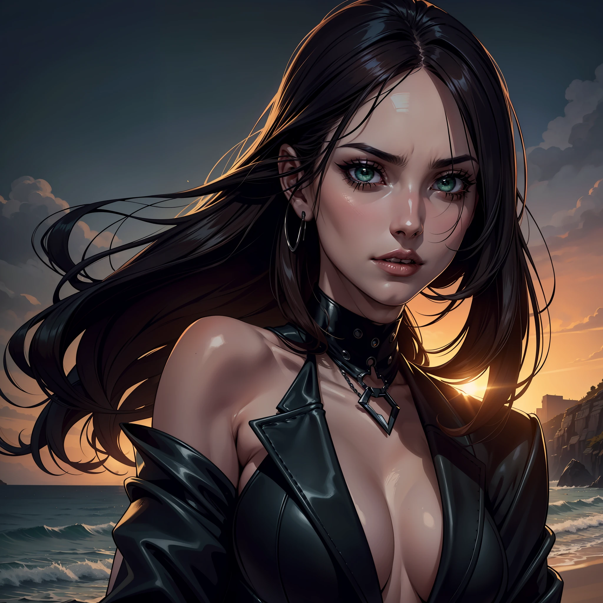 (extremely detailed 8k wallpaper), dark theme, Vampire the Masquerade, modern horror, 2020s, very beautiful woman, wearing executive blue suit, sharp focus, (subsuperficial scattering:1.1), award-winning photography, centered face, (Georgina Mazzeo's face), full body photo:1.1, long dark brown hair stuck in ponytail, green eyes:1.2, fleshy mouth, indifferent expression, on the edge of the beach at night, dramatic lighting