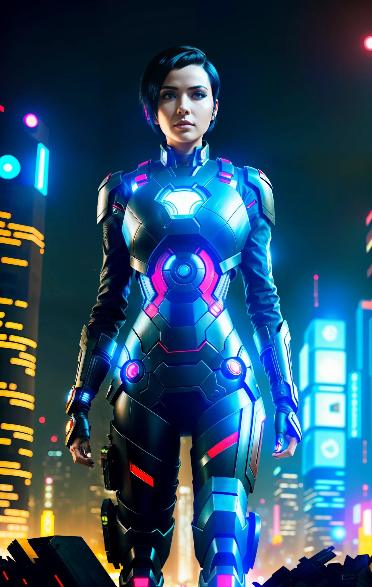 Woman with beautiful short black hair,with black color iron man cyberpunk style outfit,covering the whole body( dystopian world, futuristic, detailed, 8k, with neon lights at night, destroyed city.