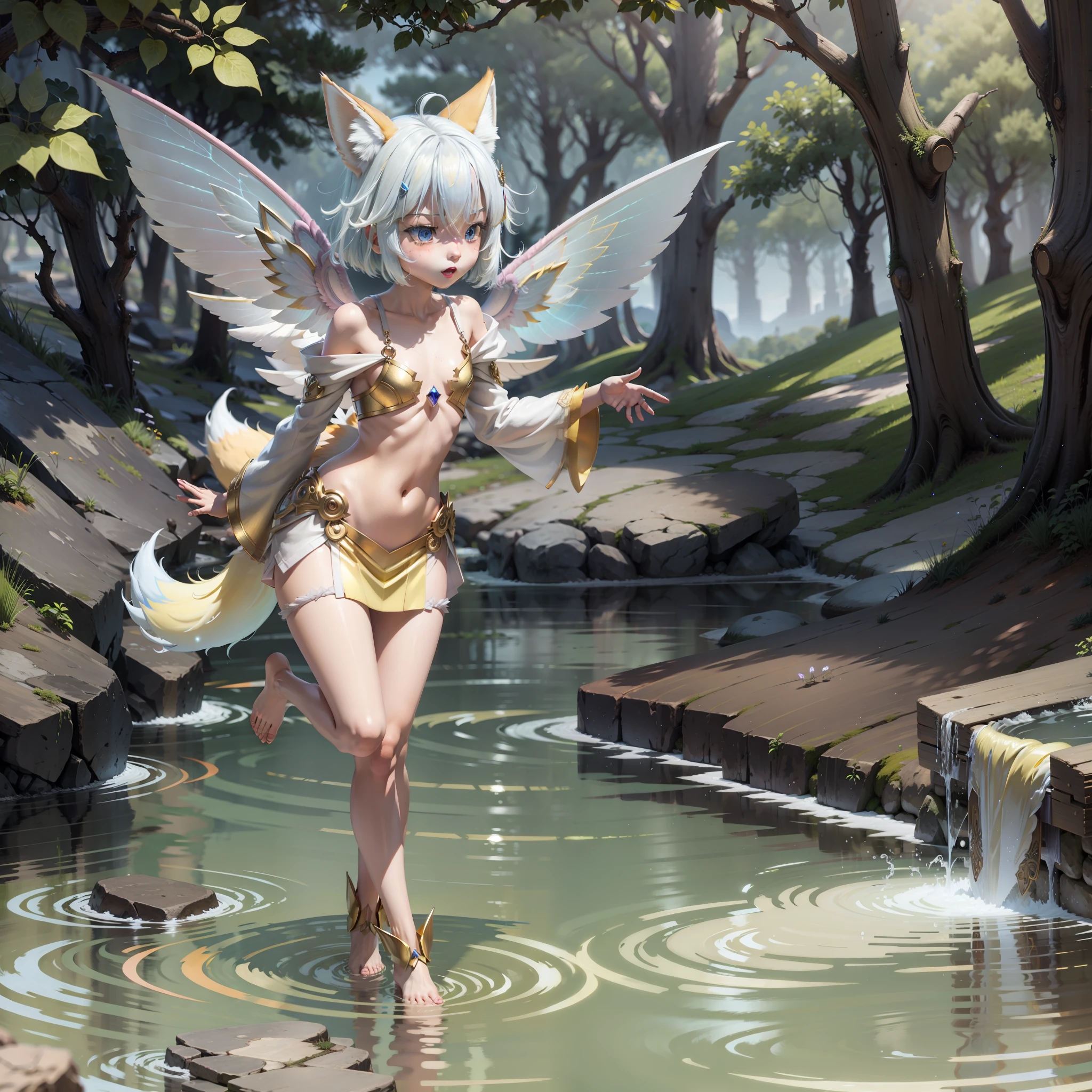 Fairy fox, flat chest , short yellow hair, anthropomorphic, full body, bath