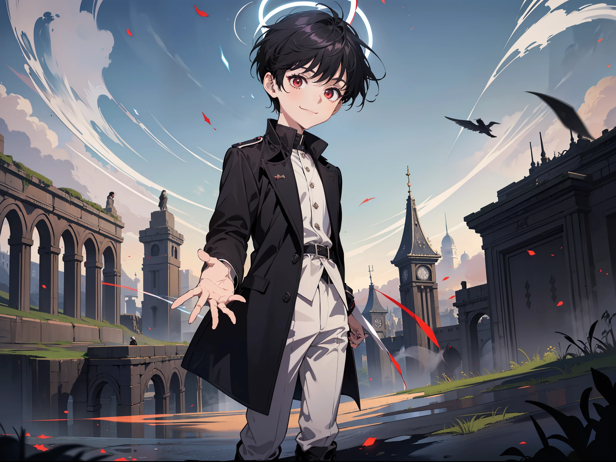 (Absurd, high resolution), (panorama), , red eyes, short hair, black hair, smile, white underwear, black trench coat, black trousers, black boots, (hands white magic streamer), ancient magic, elegant, medieval style, square, magic bloom, halo behind, daytime, ancient style,