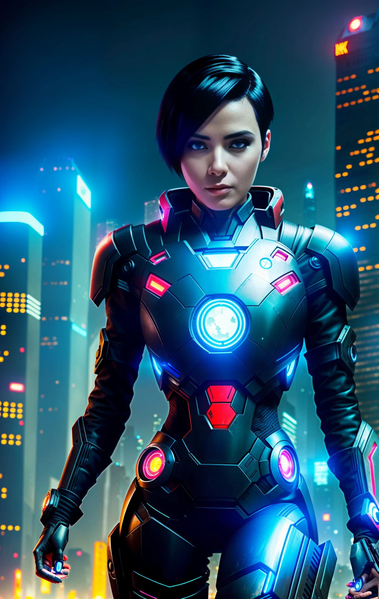 Woman with beautiful short black hair,with black color iron man cyberpunk style outfit,covering the whole body( dystopian world, futuristic, detailed, 8k, with neon lights at night, destroyed city.