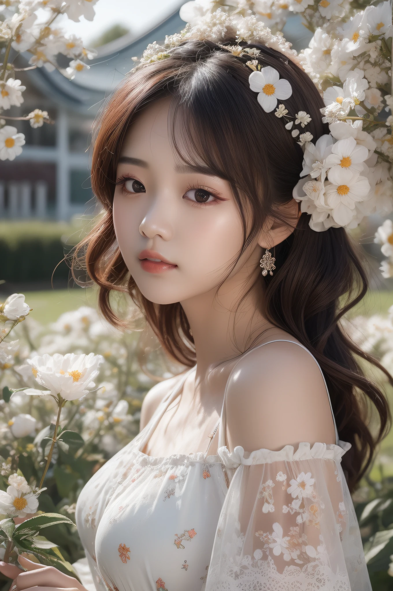 a close up of a woman in a dress standing in a field of flowers, ethereal beauty, lovely delicate face, beautiful portrait image, beautiful asian girl, beautiful aesthetic face, ulzzang, beautiful young korean woman, sakimichan, beautiful delicate face, beautiful young girl, beautiful south korean woman, beautiful girl model, with flowers, popular south korean makeup --auto --s2
