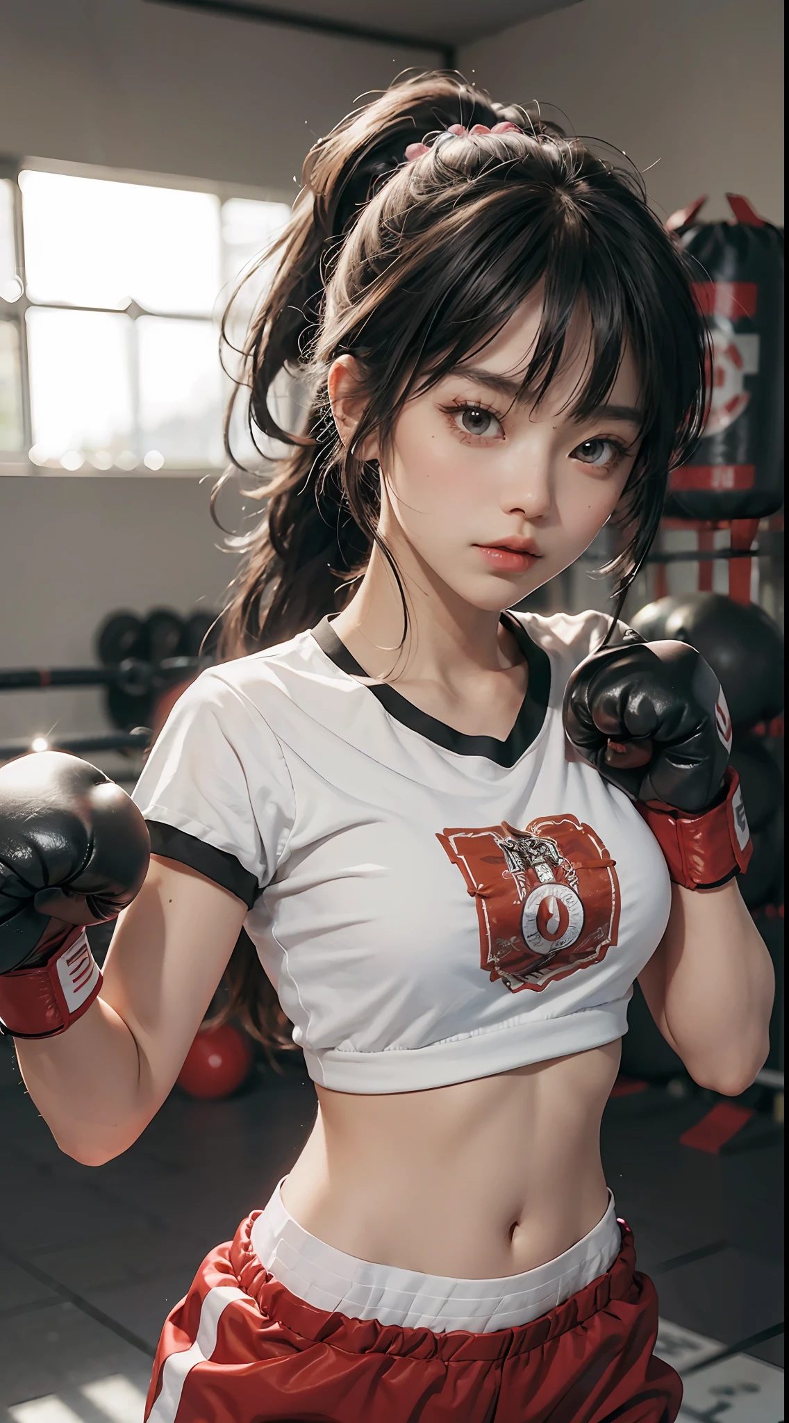 Masterpiece, top quality, (realistic, realistic: 1.4), (RAW photo: 1.2), very delicate CG Unity 8K wallpaper, very delicate beautiful, wonderful, boxing pose, attention to detail, official art, ridiculous, incredibly ridiculous, huge file size, very fine, very delicate, beautiful eyes and face, beautiful delicate eyes, light on face, a girl, ponytail, (pompom) navel, half, PE uniform short sleeve crop top t-shirt, boxing gloves, bare arms, bangs, Boxing Gym, Boxing Ring, ULZZANG-6500-v1.1