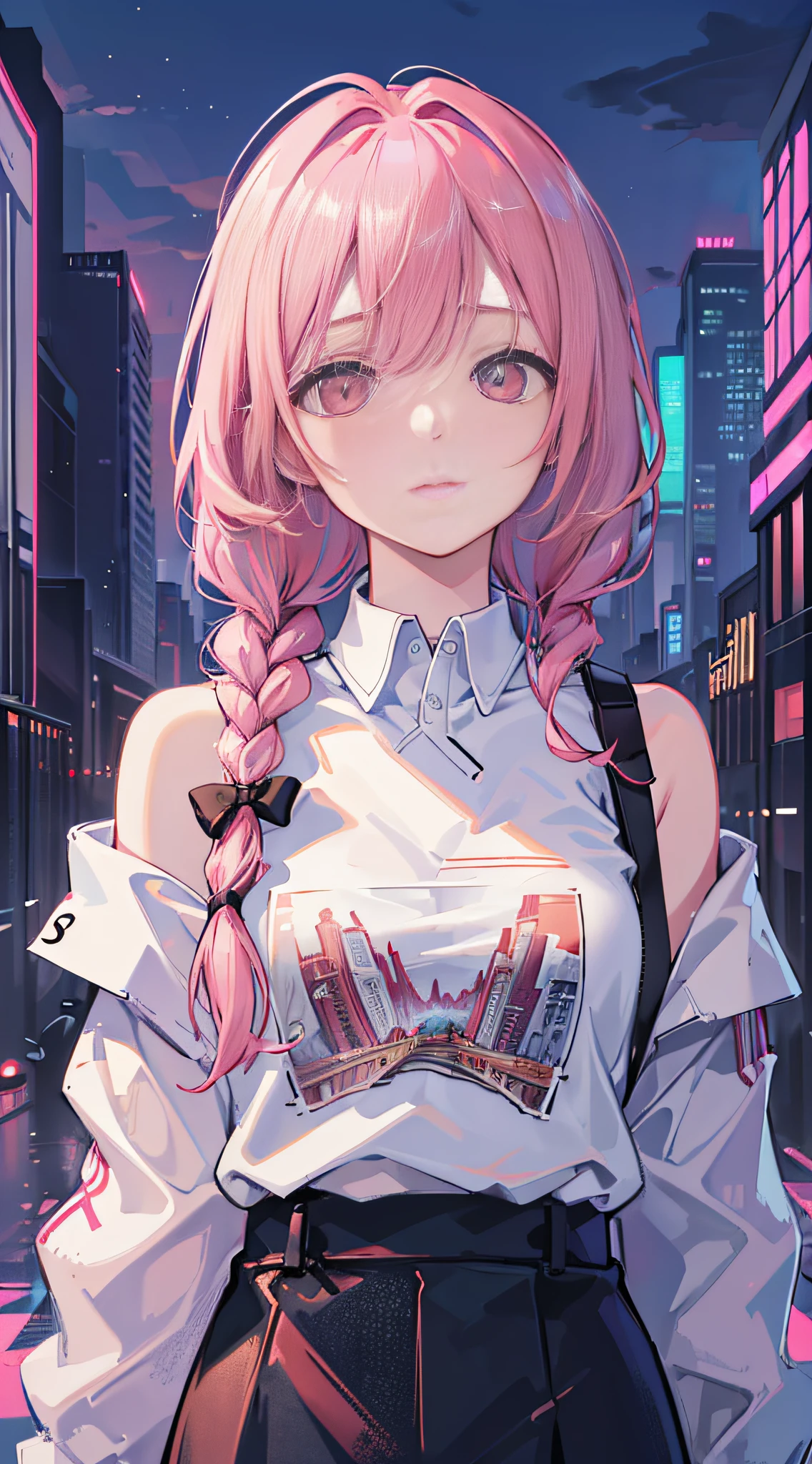 1girl, solo, loli, petite, (very_long_pink_hair), braids, (red_eyes), medium_breasts, (white_shirt:1.5), (windbreaker), (off_shoulder:1.2), (portrait), glowing_eyes, background_light, (cityscape:1.5), (neon_lights:1.2), (science), cyberpunk, ((masterpiece)), (highres), (best_quality), (highly_detailed), (original),(Delicate background),(extremely detailed 8K wallpaper),cinematic lighting, volume lighting, light particles, shaded_face, beautiful_detailed_eyes, depth_of_field, perspective,