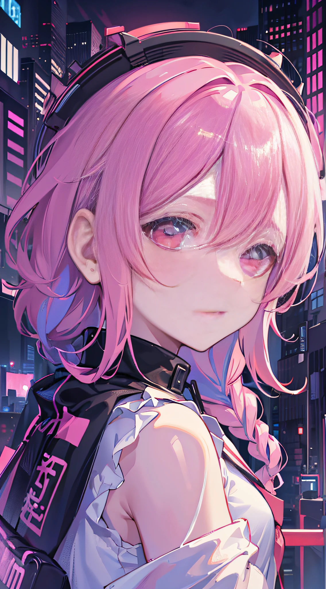 1girl, solo, loli, petite, (very_long_pink_hair), braids, (red_eyes), medium_breasts, (white_shirt:1.5), (windbreaker), (off_shoulder:1.2), (portrait), glowing_eyes, background_light, (cityscape:1.5), (neon_lights:1.2), (science), cyberpunk, ((masterpiece)), (highres), (best_quality), (highly_detailed), (original),(Delicate background),(extremely detailed 8K wallpaper),cinematic lighting, volume lighting, light particles, shaded_face, beautiful_detailed_eyes, depth_of_field, perspective,