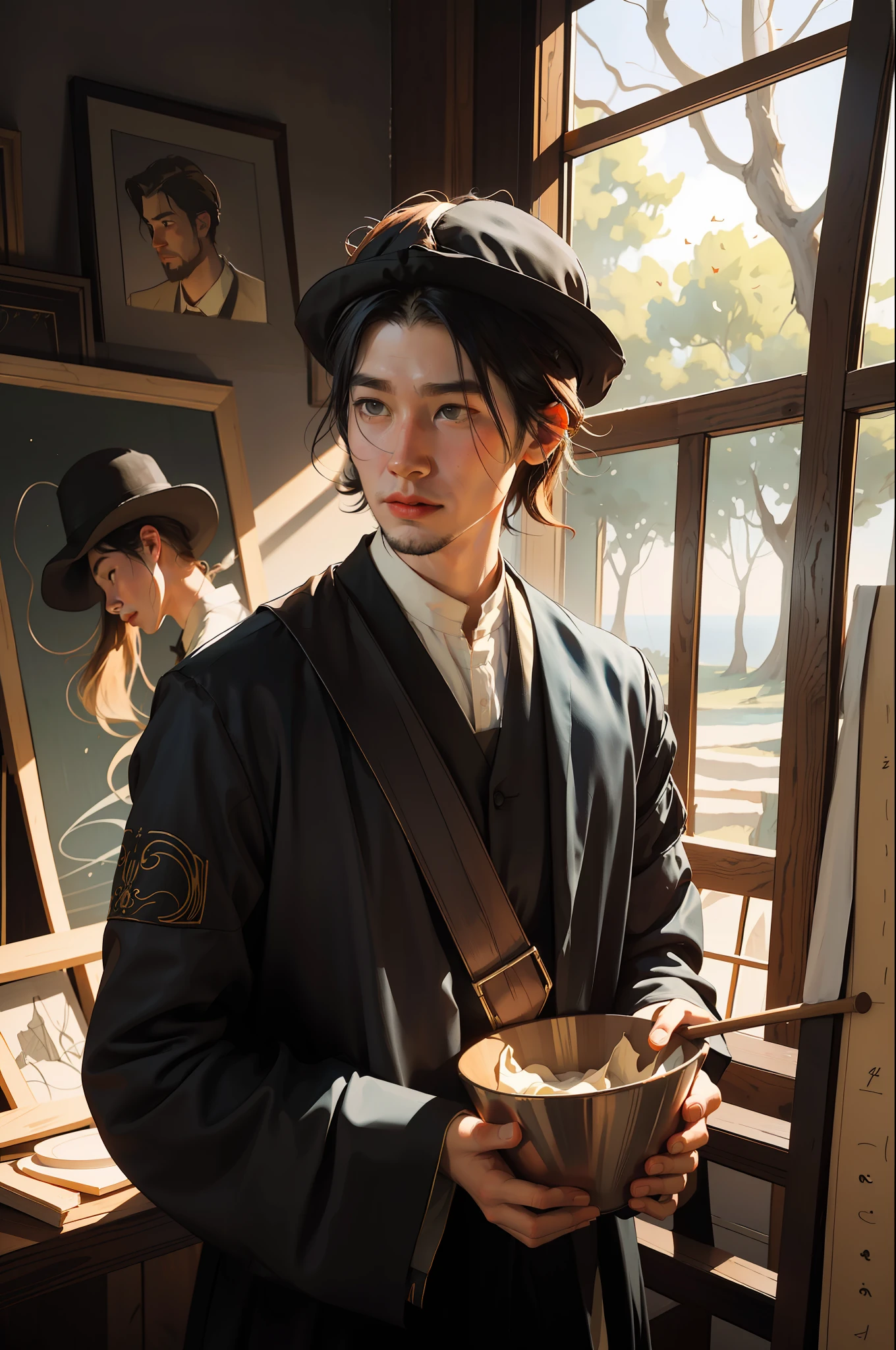 1boy, dynamic angle, splash art,  [(art by Arthur Dove:0.7)|art by Lyubov Popova],  octane render, full shot of a Captivating Amish Male Silk weaver, Cel shaded, Velvia, Ribbons, official art, unity 8k wallpaper, ultra detailed, aesthetic, masterpiece, best quality, photorealistic