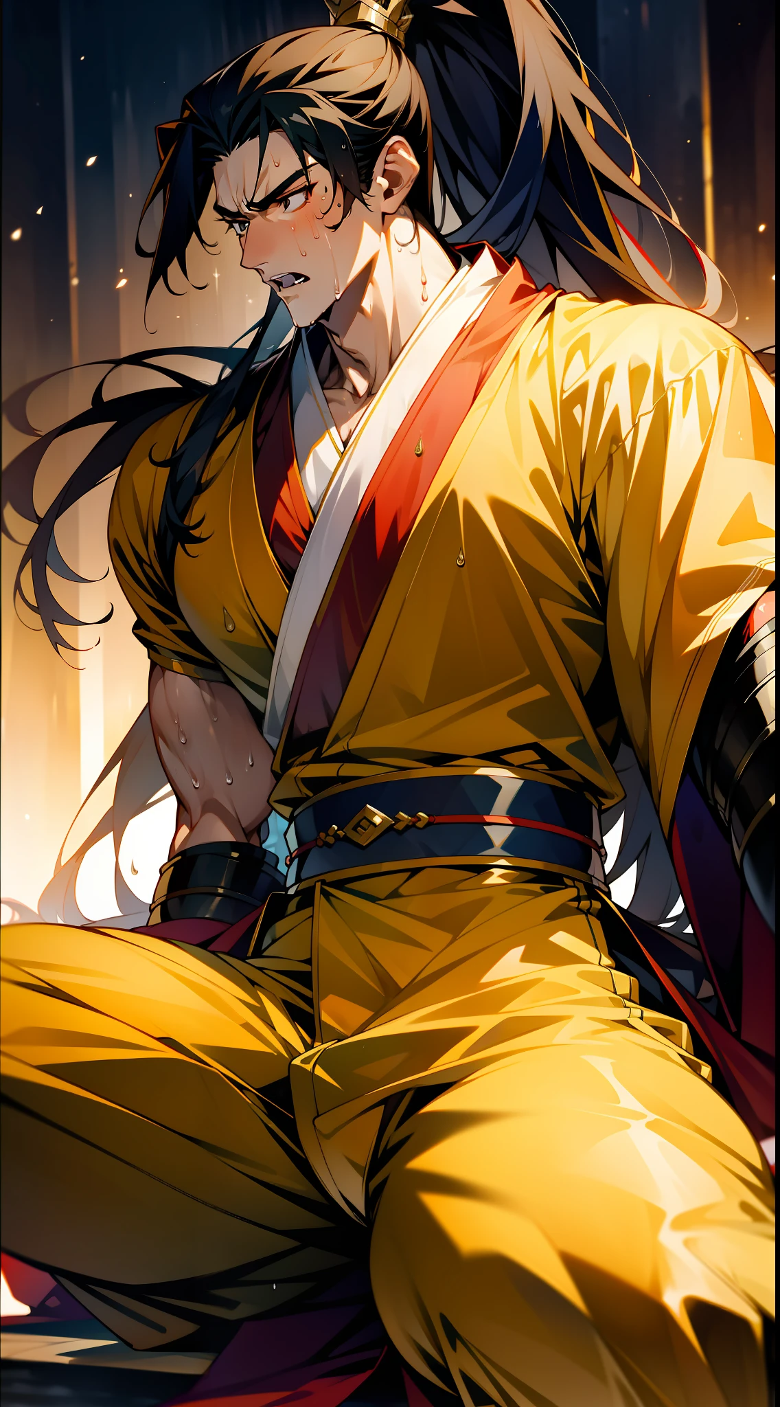 1 male, sweating, open mouth, drooling, wet, wet, sweaty pectorals, sweaty abs, sweaty crotch, golden costume Hanfu, dragon robe, handsome face, evil, highest quality, dark skin, high ponytail long hair, detail Hanfu, wearing arm guards, armor, looks like a general, guard leader, squat, forked legs, sweaty crotch, exposed thighs, long legs, leg contour, thigh close-up, calf close-up, calf close-up, exposed calf, wearing ancient boots,