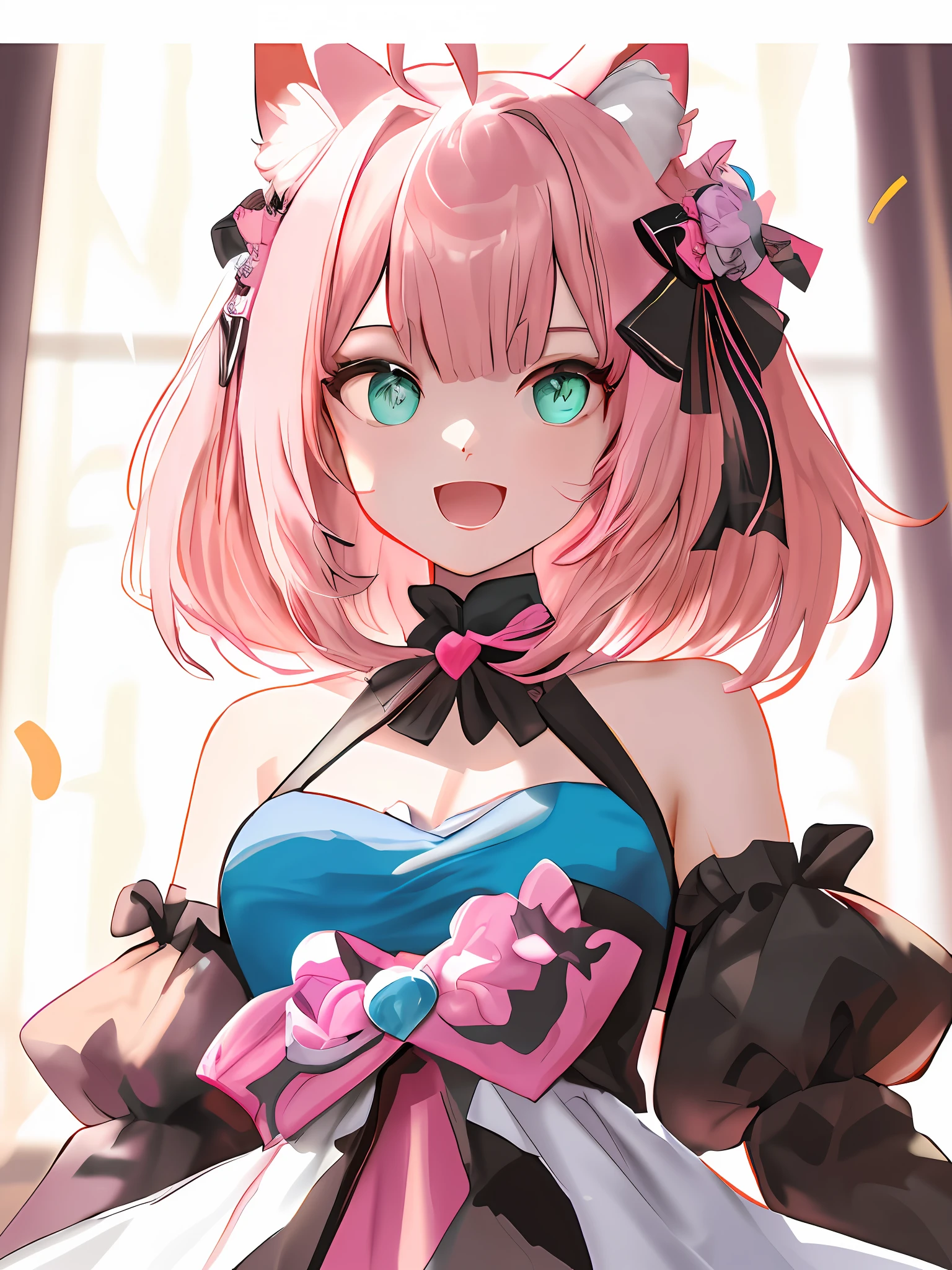 1 girl, animal ears, virtual VTuber, dress, blue dress, solo, cat ears, (Blue eyes: 1.2), animal ear flull, ahoge, short white hair, cat girl, hair ornaments, look at the audience, split sleeves, smile, zoom layer, pink hair, heart, bow, bare shoulders, long sleeves, attractive, (sick number: 1.2), (masterpiece: 1.2), upper body, face lights, best quality, high, original, very detailed wallpaper, perfect lighting, (very detailed CG: 1.2), painting, brushes, right eyes, front view, simple background, (solid color background: 1.2), symmetrical half-body rendering, stick figures, symmetrical body, realistic proportions body, slender symmetrical body, symmetrical anatomy of the body, complete figure centered on the portrait, light in front, light in front, light in front