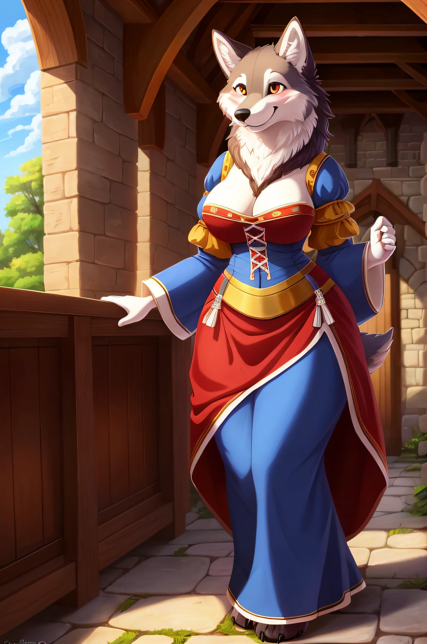 Female, solo, wolf, fluffly, furry, (average breasts), (curvy), (medieval dress), accurate tail, slight blush, mature, smiling, happy, beautiful, highly detailed, high resolution, detailed eyes, detailed hands, detailed background, masterpiece