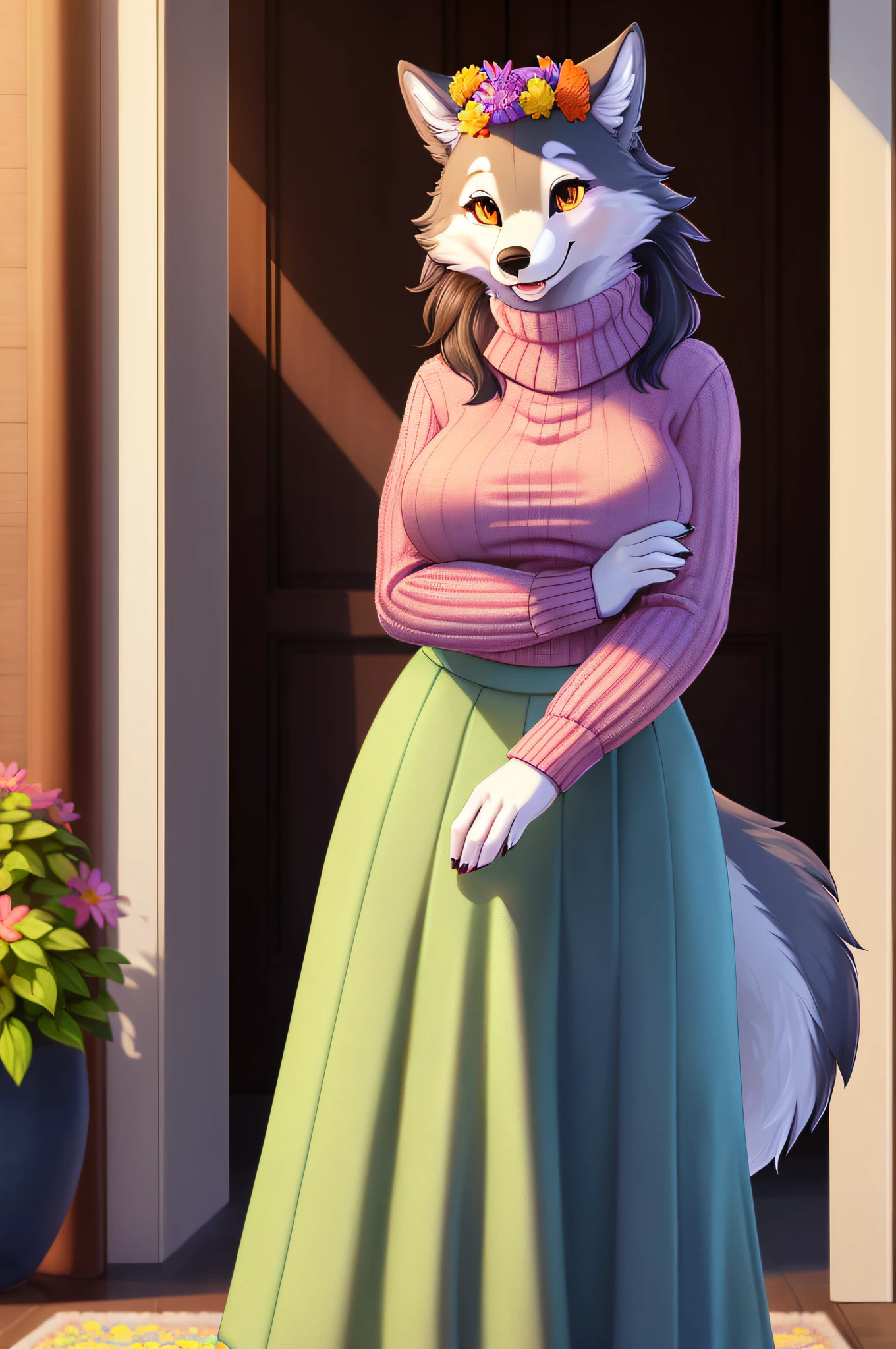 Female, solo, wolf, fluffly, furry, (average breasts), (curvy), (ribbed sweater), (long skirt), (flower on head), accurate tail, slight blush, mature, smiling, happy, beautiful, highly detailed, high resolution, detailed eyes, detailed hands, detailed background, masterpiece