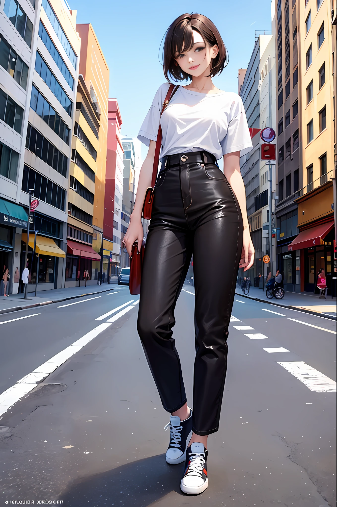 (Masterpiece, Best Quality, Best Quality, Official Art, Beautiful and Aesthetic:1.2), City, Street Light, Full Body, Colorful, Slender, One Girl, Long Pants, White T-Shirt, Big Smile, Gentle Pose,, Short Cut, Brown Hair, Brown Shopping, Colored Eyes, Small Breasts, Illustration, Super Detailed Face, Top Quality Face, Complex Detailed Costume