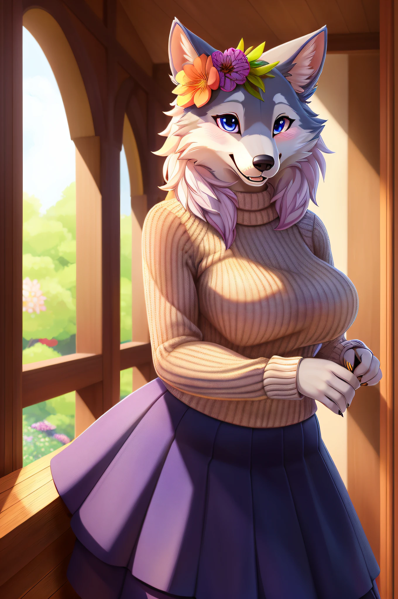 Female, solo, wolf, fluffly, furry, (average breasts), (curvy), (ribbed sweater), (long skirt), (flower on head), accurate tail, slight blush, mature, smiling, happy, beautiful, highly detailed, high resolution, detailed eyes, detailed hands, detailed background, masterpiece