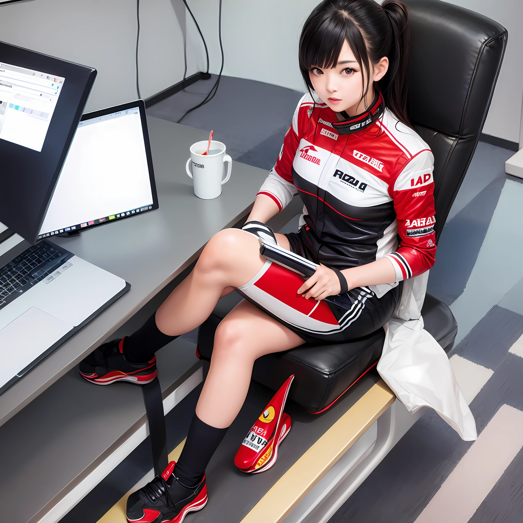 Japanese girl dressed in formula 1 outfit, sitting in an office, photo, ultrarealistic, Full hd