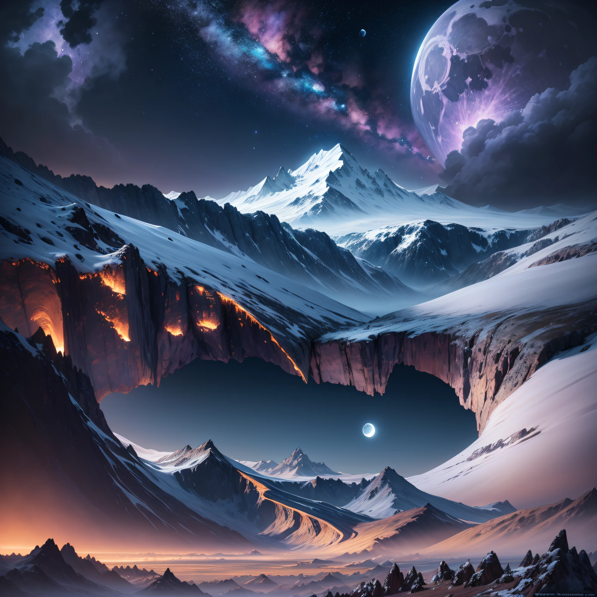 mountains and a lake with a moon in the sky, 4k highly detailed digital art, 4 k hd wallpaper very detailed, impressive fantasy landscape, sci-fi fantasy desktop wallpaper, unreal engine 4k wallpaper, 4k detailed digital art, sci-fi fantasy wallpaper, epic dreamlike fantasy landscape, 4k hd matte digital painting, 8k stunning artwork --auto --s2