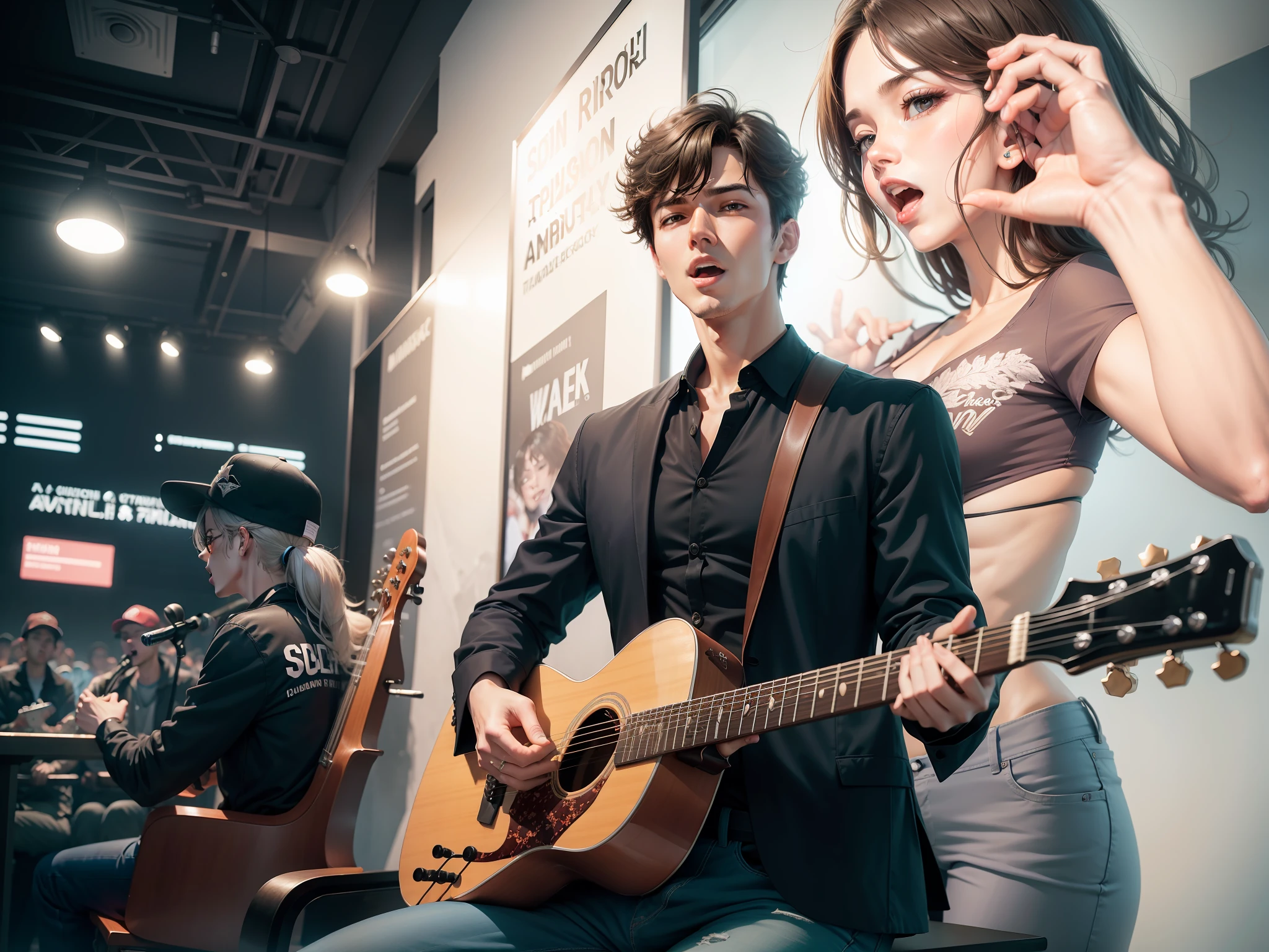 Male star, singing affectionately, holding a guitar, fans are warm