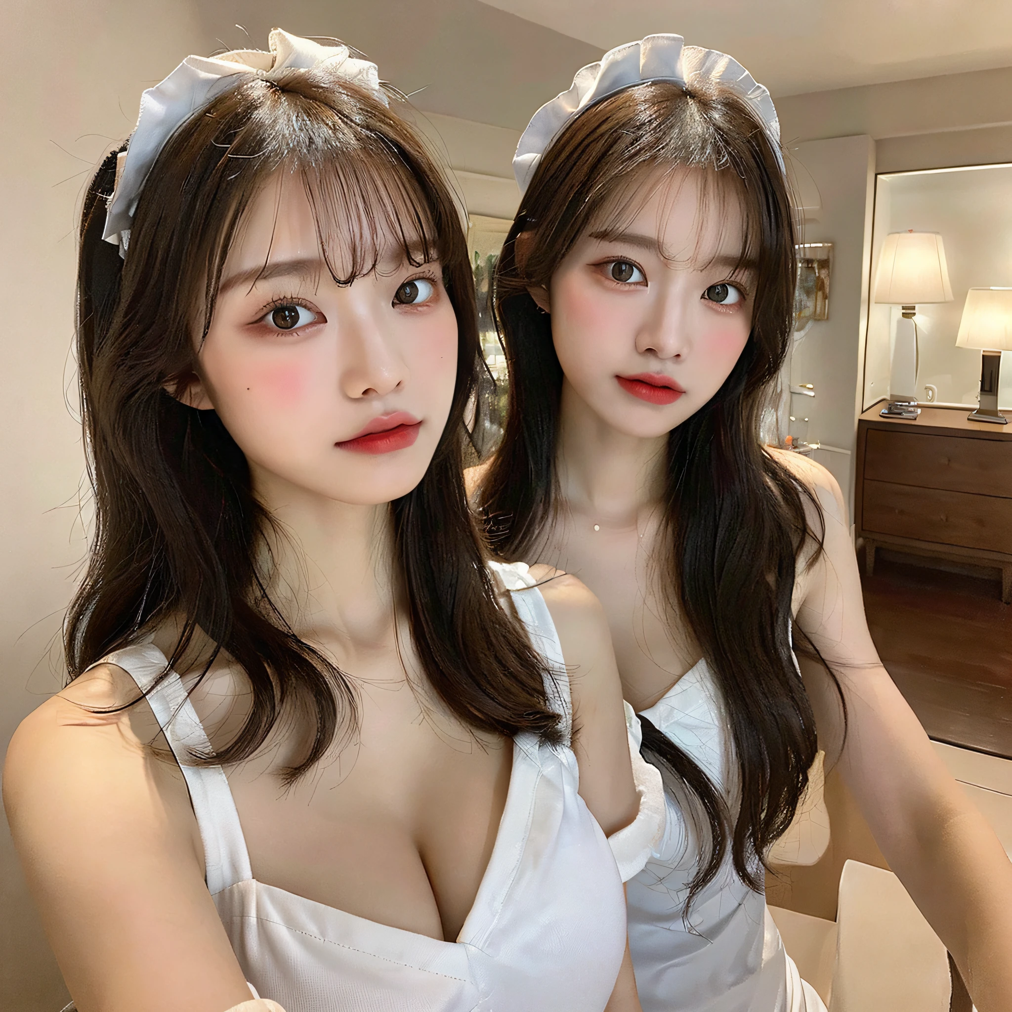 ((Realistic lighting, Top Quality, 8K, Masterpiece: 1.3)), Clear Focus: 1.2, 1 Girl, Perfect Body Beauty: 1.4, Slim Abs: 1.1, ((Long Hair, Big: 1.3)), Ultra Slender Face, Fine Eyes, Double Eyelids, Exposed Cleavage, Maid Clothes