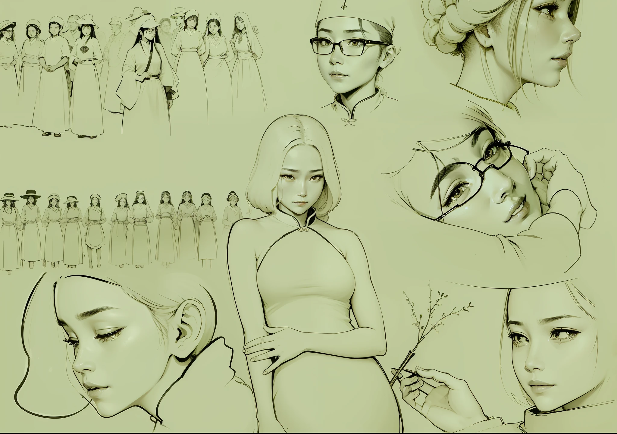 The painting style is ancient, extremely delicate and unique style, depicting the female characters in "Jinling Thirteen", high contrast and high reduction, crying woman in the lower left corner, female protagonist playing the pipa in the upper left corner, the female protagonist in the middle is wearing a cheongsam, a smiling woman in the lower right corner, a bloodshot woman on the side face in the upper right corner, and a man wearing glasses in an ancient hat in the middle and upper corner. --auto --s2