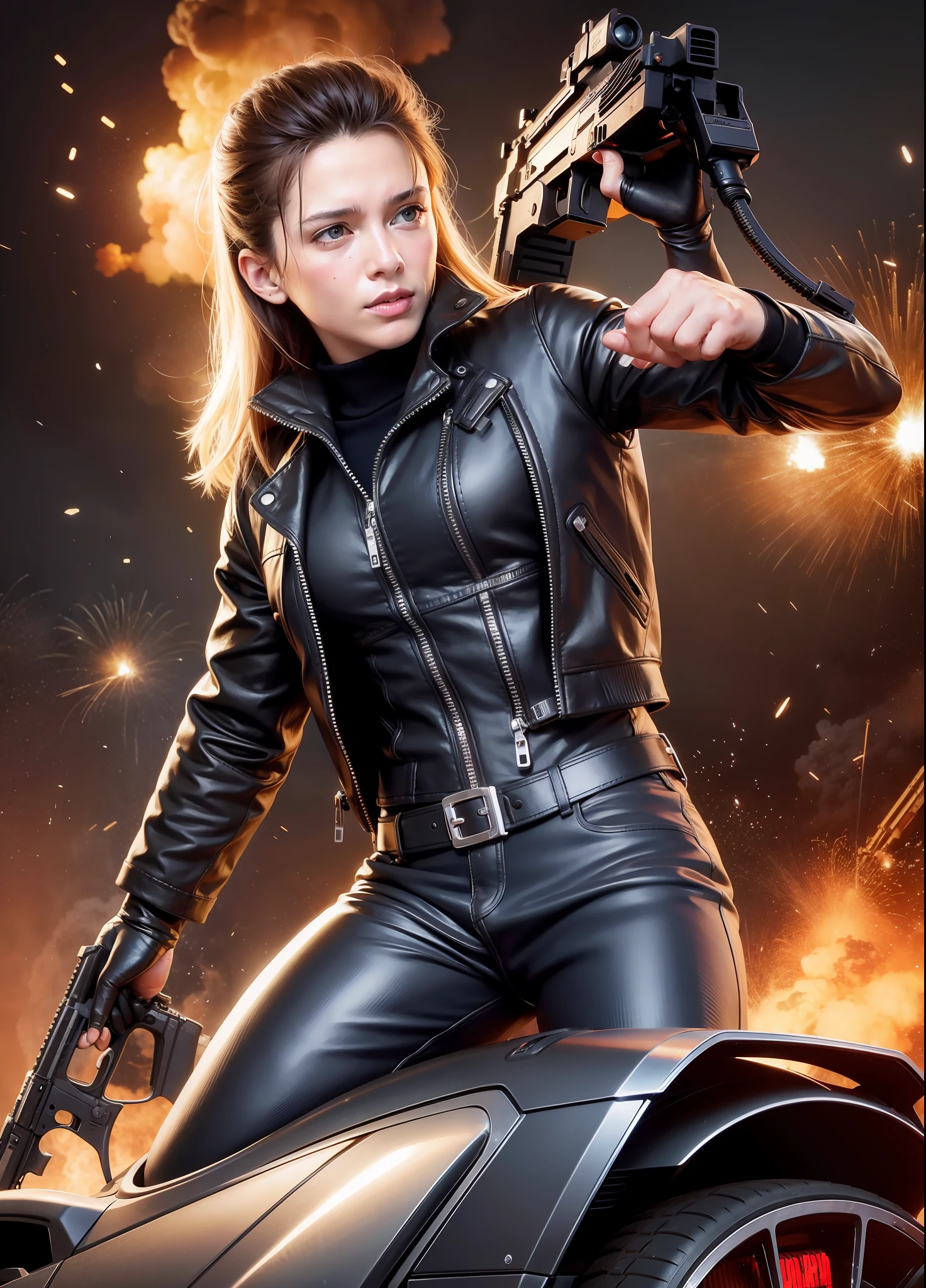 terminator movie poster, explosions, guns, cars, aviões