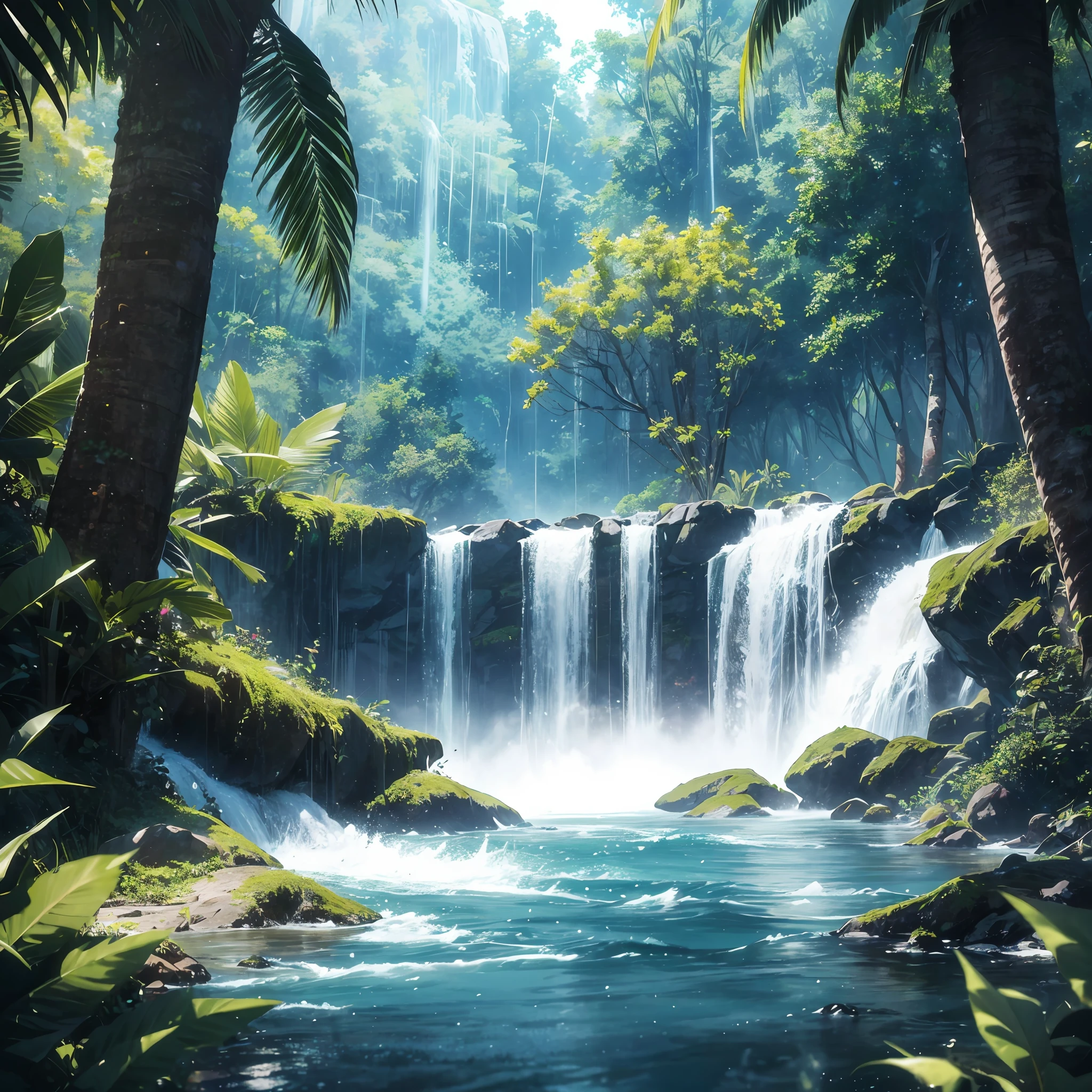res, ultra detailed, (no human:1.3), BREAK , Create an image using a dark rainbow prism effect, with light refracting and creating ethereal cinematic appearance. BREAK , Design an image with a cinematic lens , capturing a wide field of view with a distinctive, curved perspective. BREAK , Capture a wide river,dense rainforest , with aged thick trees, rocks, waterfall,trees with colorful flowers,dappled sunlight, and a sense of tranquility and natural beauty. BREAK , Illustrate a rainforest world, using only godray shades of nature to convey depth, emotion, and a striking visual impact --auto --s2