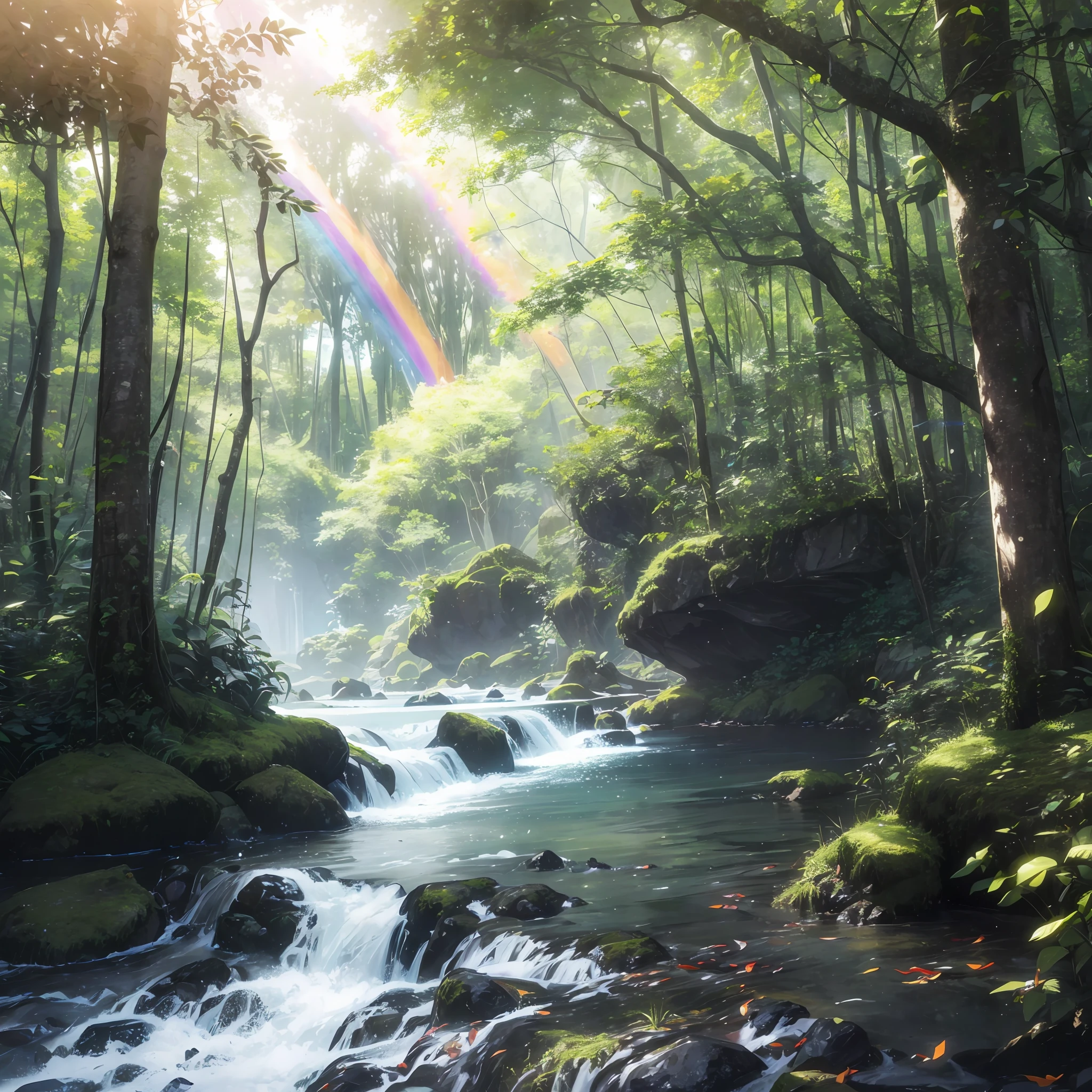 res, ultra detailed, (no human:1.3), BREAK , Create an image using a dark rainbow prism effect, with light refracting and creating ethereal cinematic appearance. BREAK , Design an image with a cinematic lens , capturing a wide field of view with a distinctive, curved perspective. BREAK , Capture a wide river,dense rainforest , with aged thick trees, rocks, waterfall,trees with colorful flowers,dappled sunlight, and a sense of tranquility and natural beauty. BREAK , Illustrate a rainforest world, using only godray shades of nature to convey depth, emotion, and a striking visual impact --auto --s2